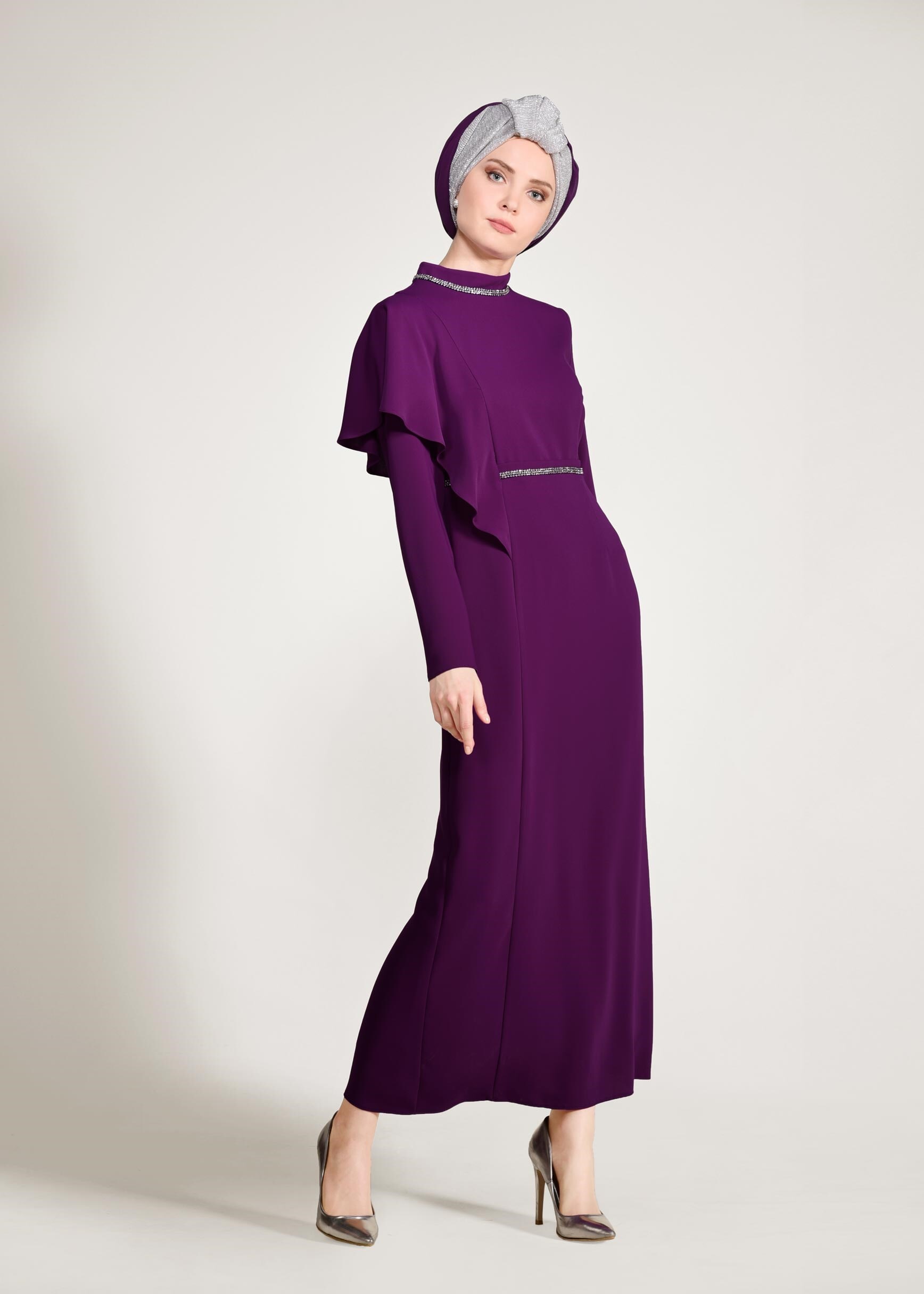 Tesettür giyim MOR OMUZU VOLANLI ŞERİT BONCUK DETAYLI ABİYE ELBİSE 5458 