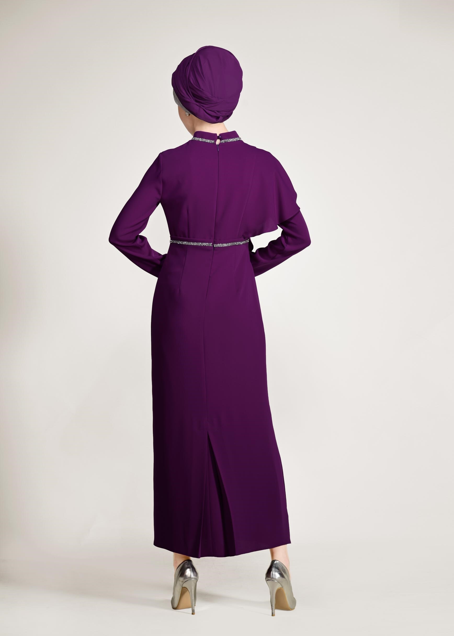 Tesettür giyim MOR OMUZU VOLANLI ŞERİT BONCUK DETAYLI ABİYE ELBİSE 5458 