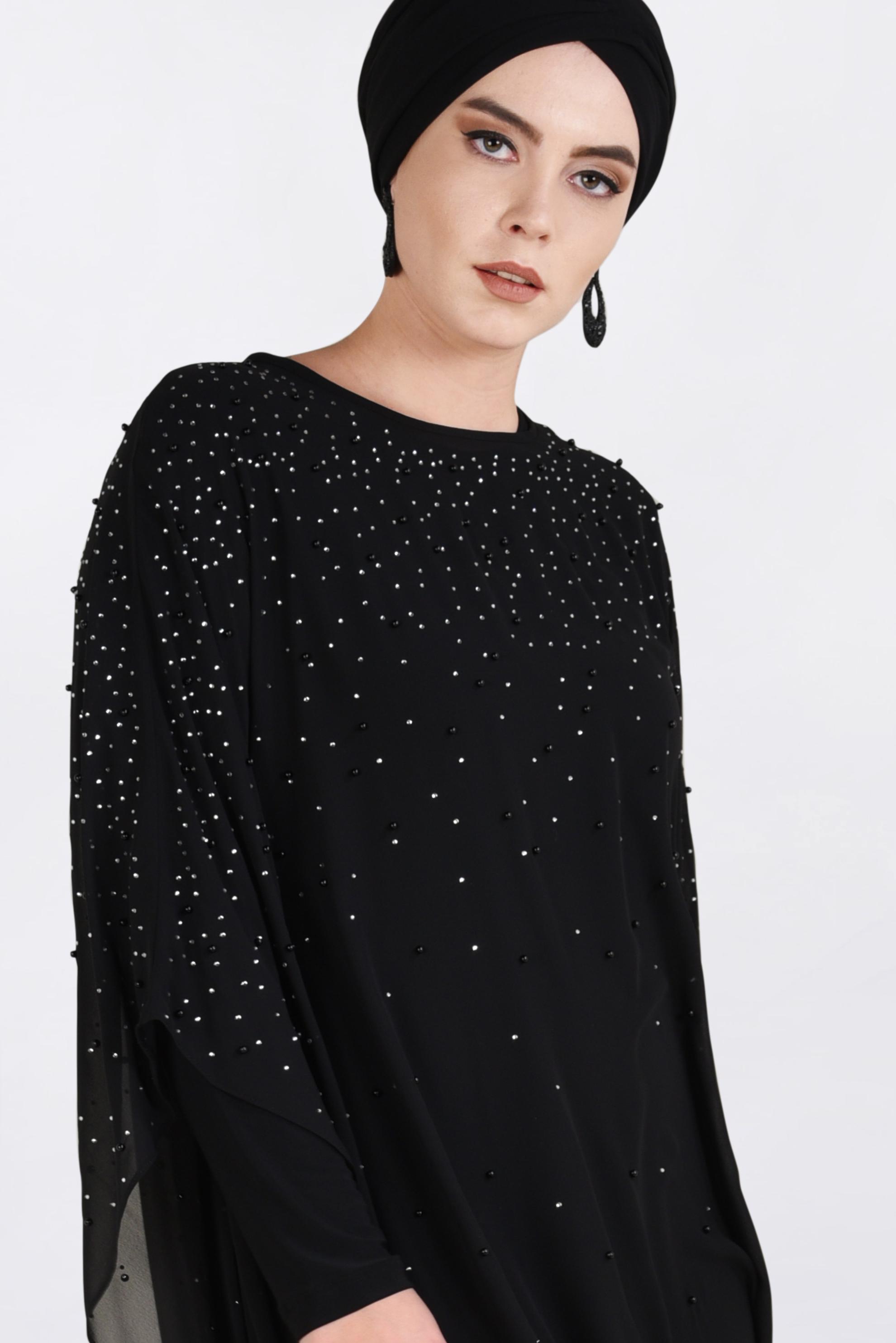 Tesettür giyim SİYAH İNCİ İŞLEMELİ 2&prime;Lİ ABİYE ELBİSE 5462