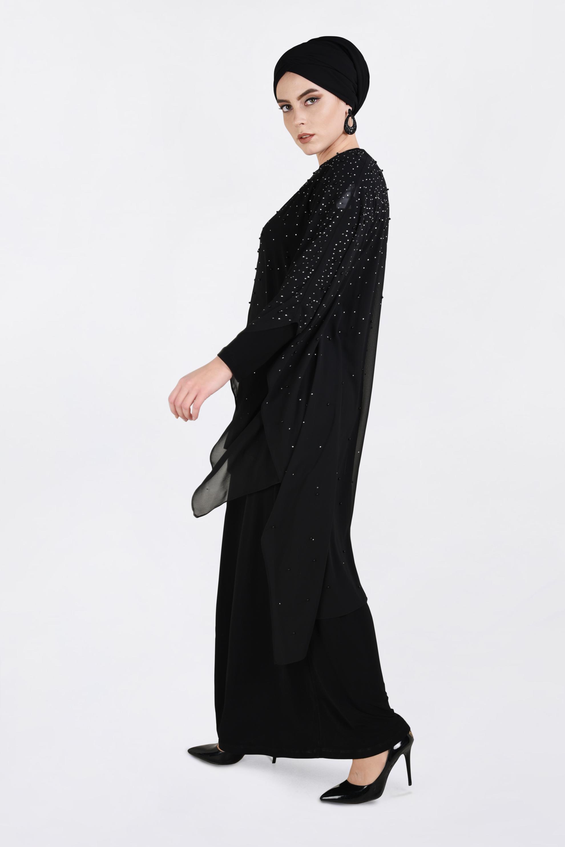 Tesettür giyim SİYAH İNCİ İŞLEMELİ 2&prime;Lİ ABİYE ELBİSE 5462