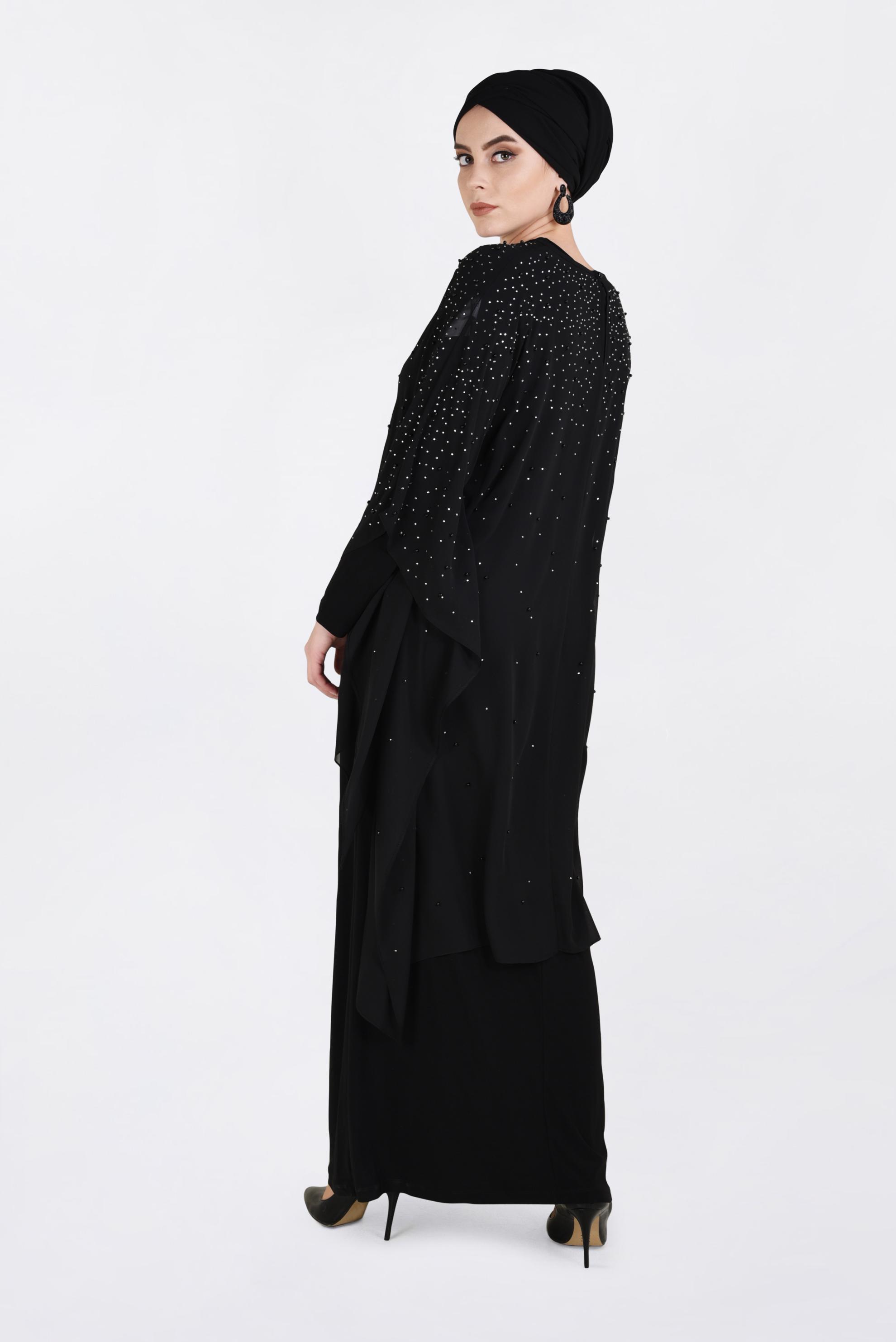 Tesettür giyim SİYAH İNCİ İŞLEMELİ 2&prime;Lİ ABİYE ELBİSE 5462