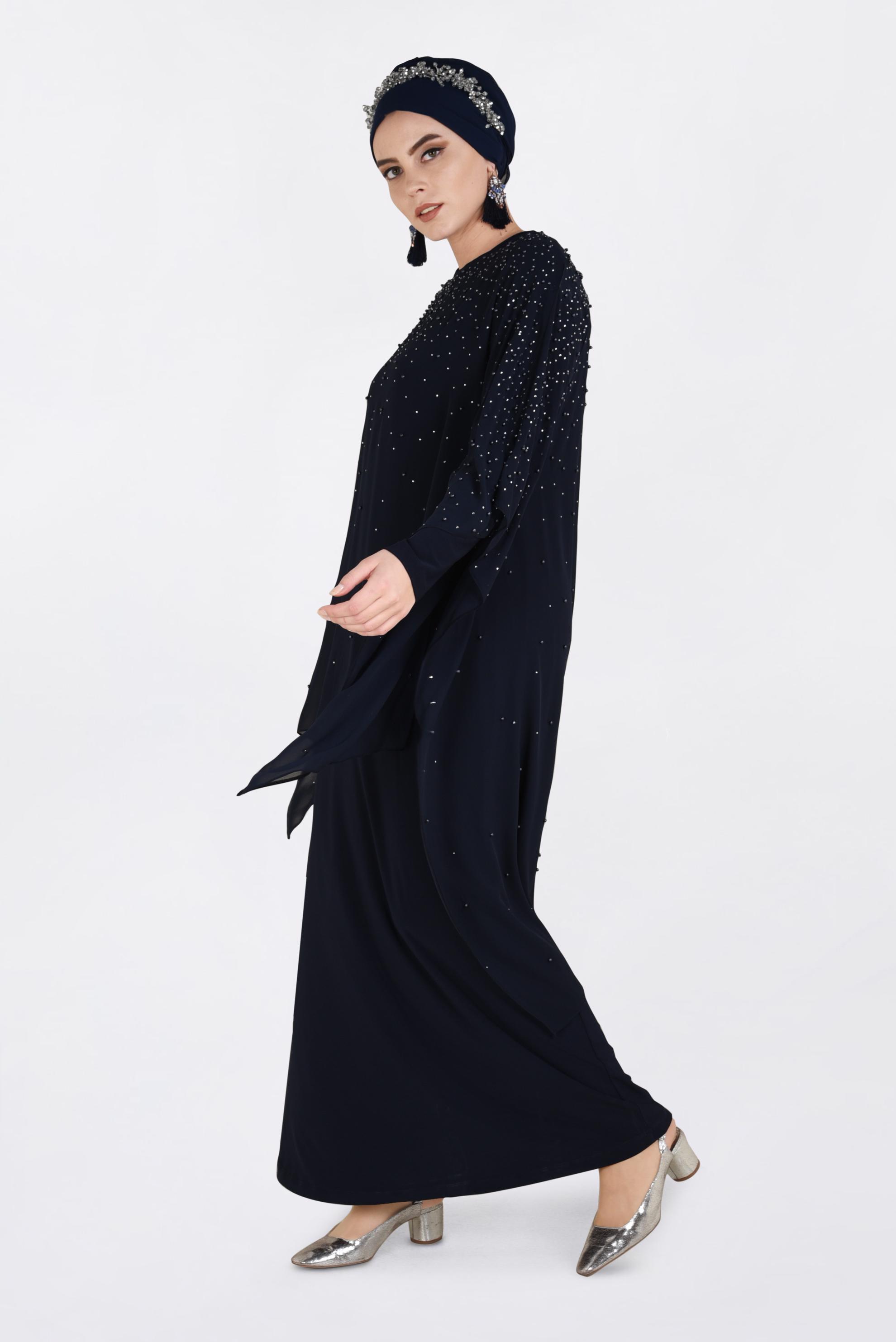 Tesettür giyim LACİVERT İNCİ İŞLEMELİ 2&prime;Lİ ABİYE ELBİSE 5462