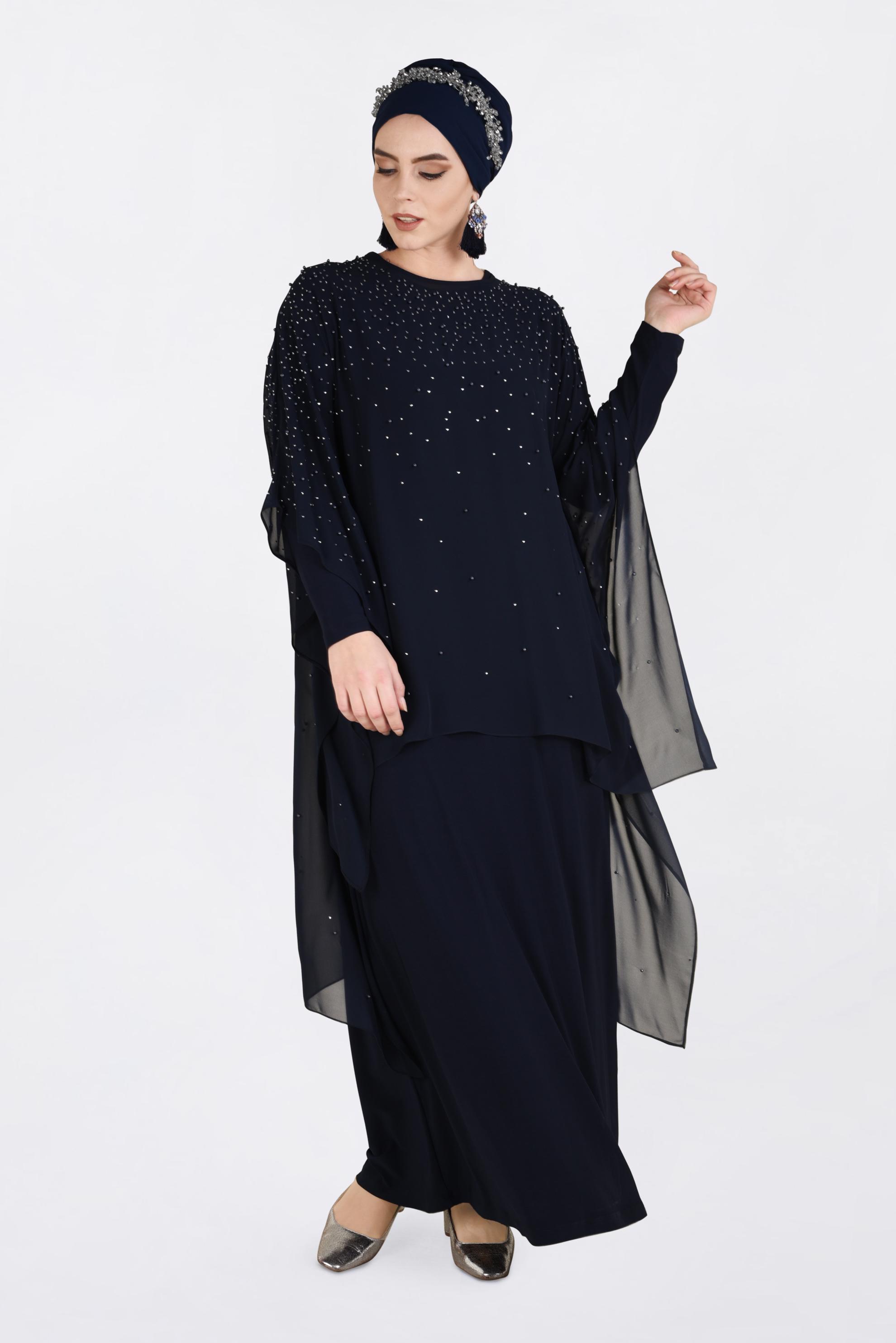 Tesettür giyim LACİVERT İNCİ İŞLEMELİ 2&prime;Lİ ABİYE ELBİSE 5462