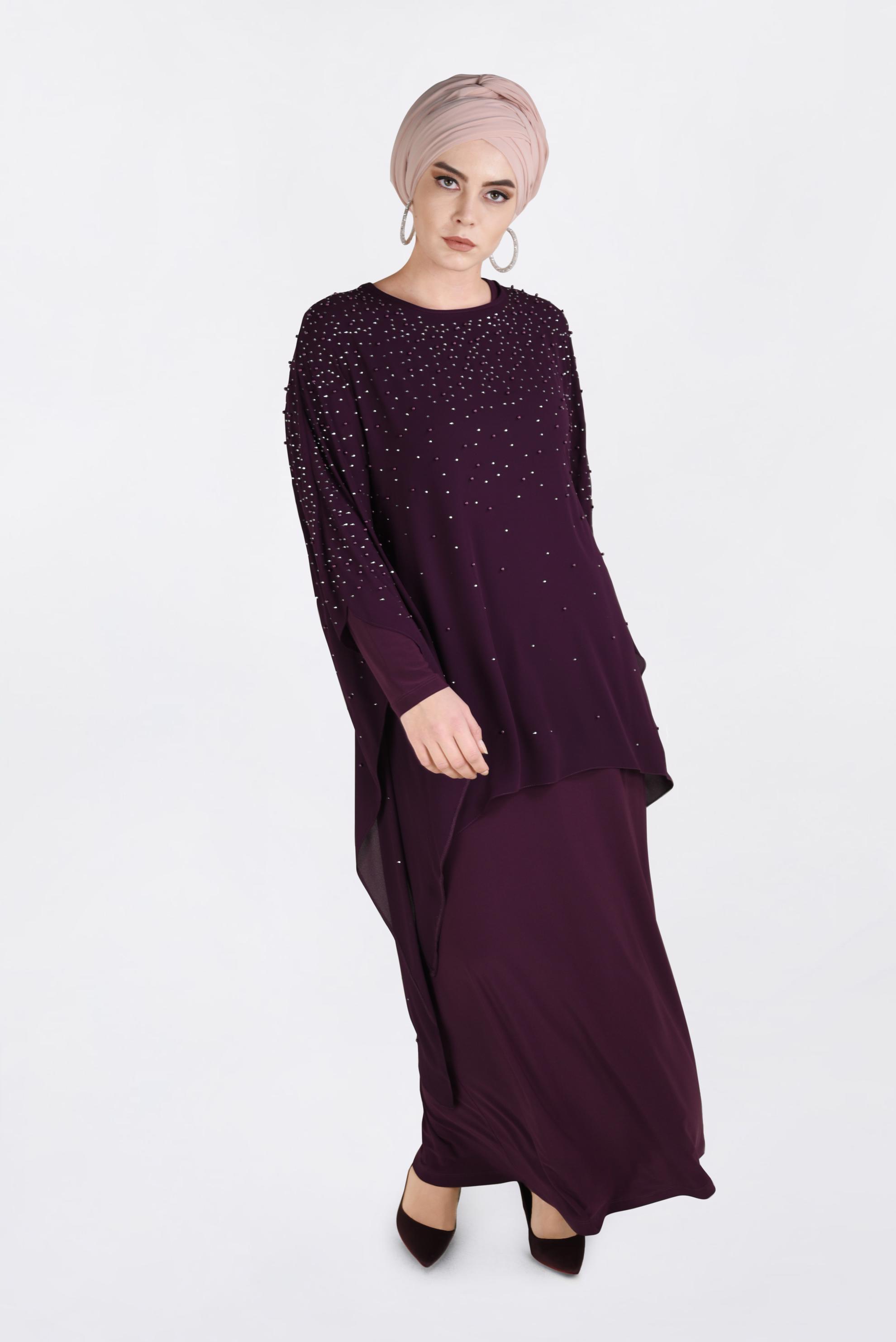 Tesettür giyim MÜRDÜM İNCİ İŞLEMELİ 2&prime;Lİ ABİYE ELBİSE 5462