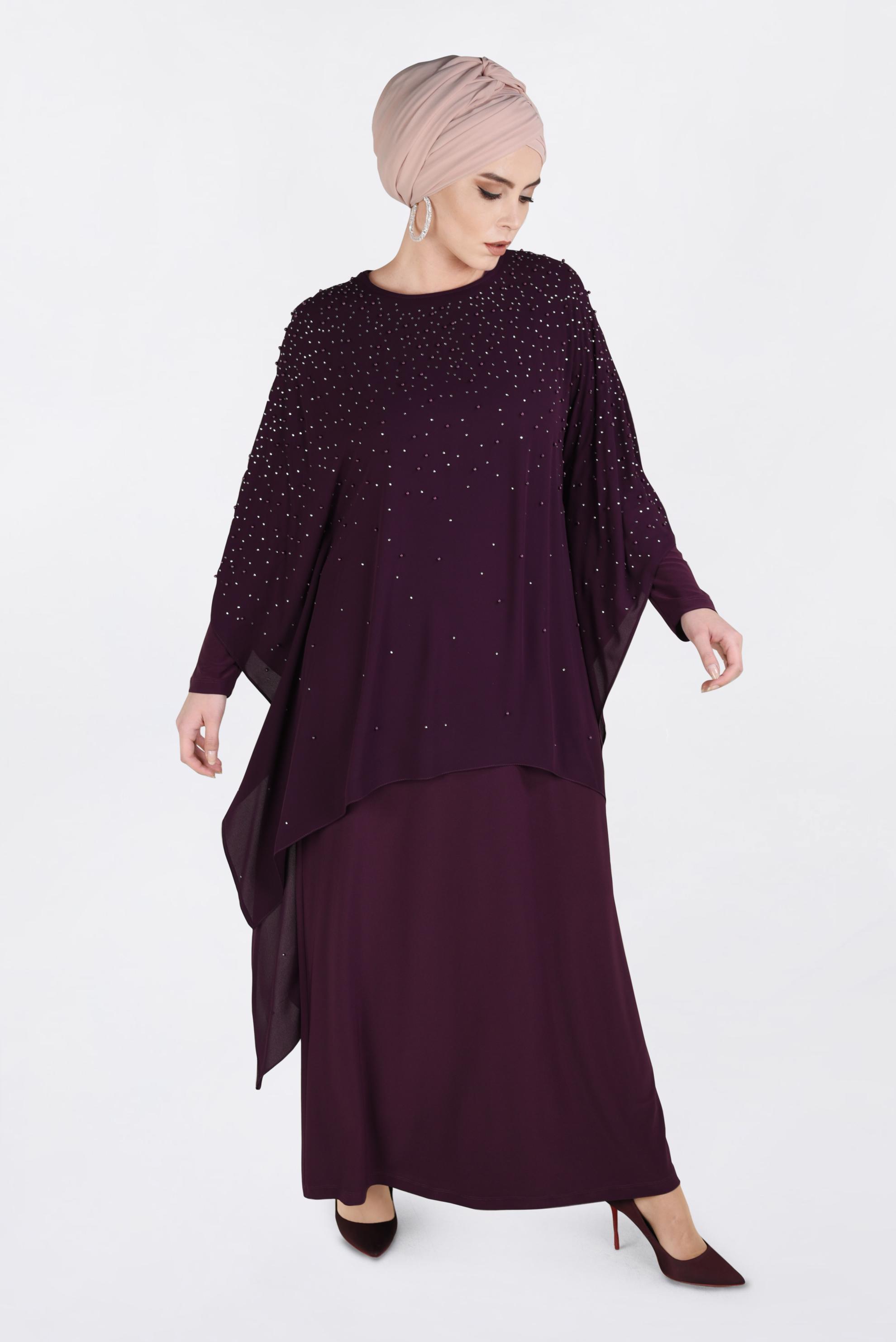 Tesettür giyim MÜRDÜM İNCİ İŞLEMELİ 2&prime;Lİ ABİYE ELBİSE 5462