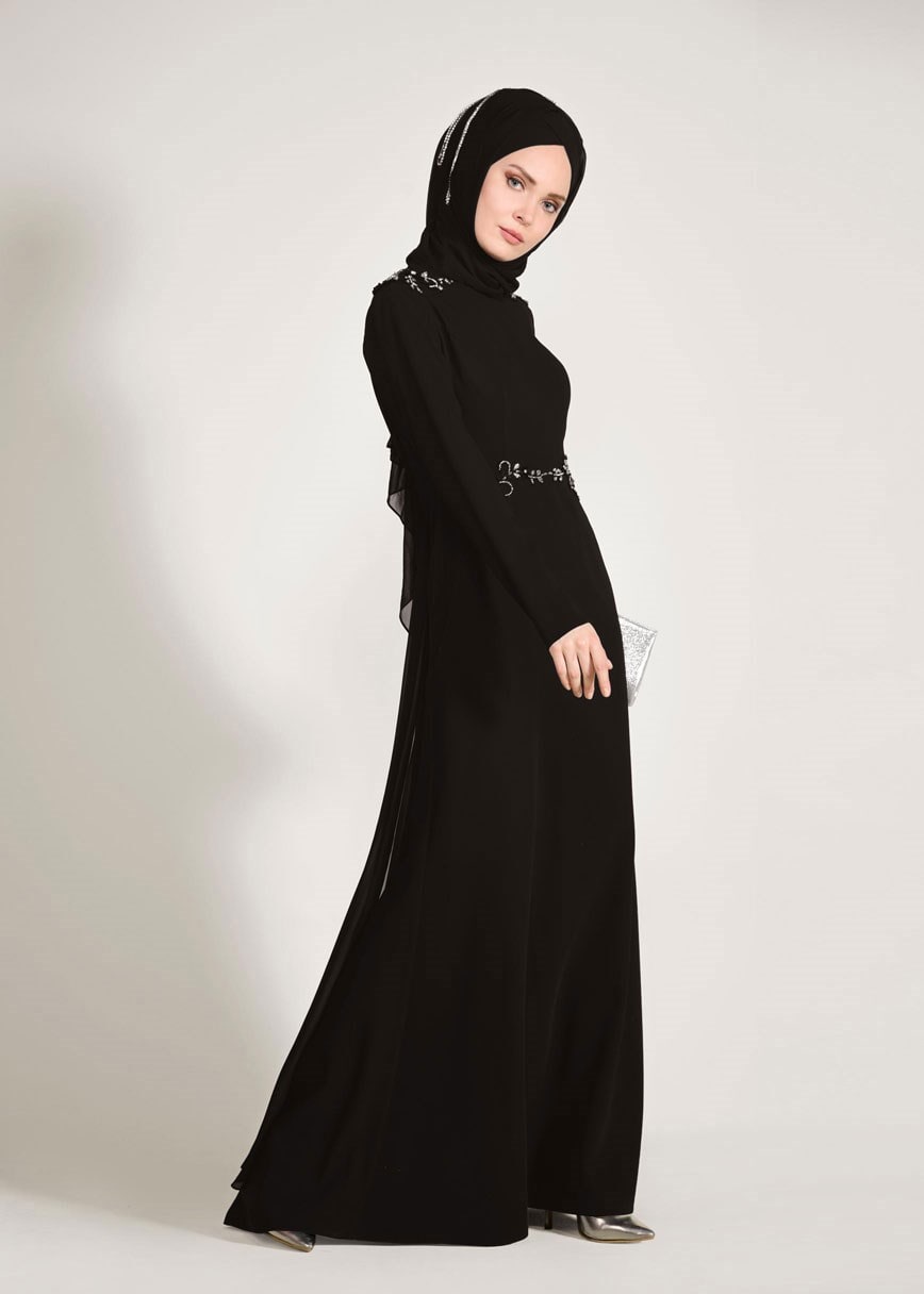 Tesettür giyim SİYAH BONCUK İŞLEMELİ OMUZDAN ŞİFON DETAYLI ABİYE ELBİSE 5463
