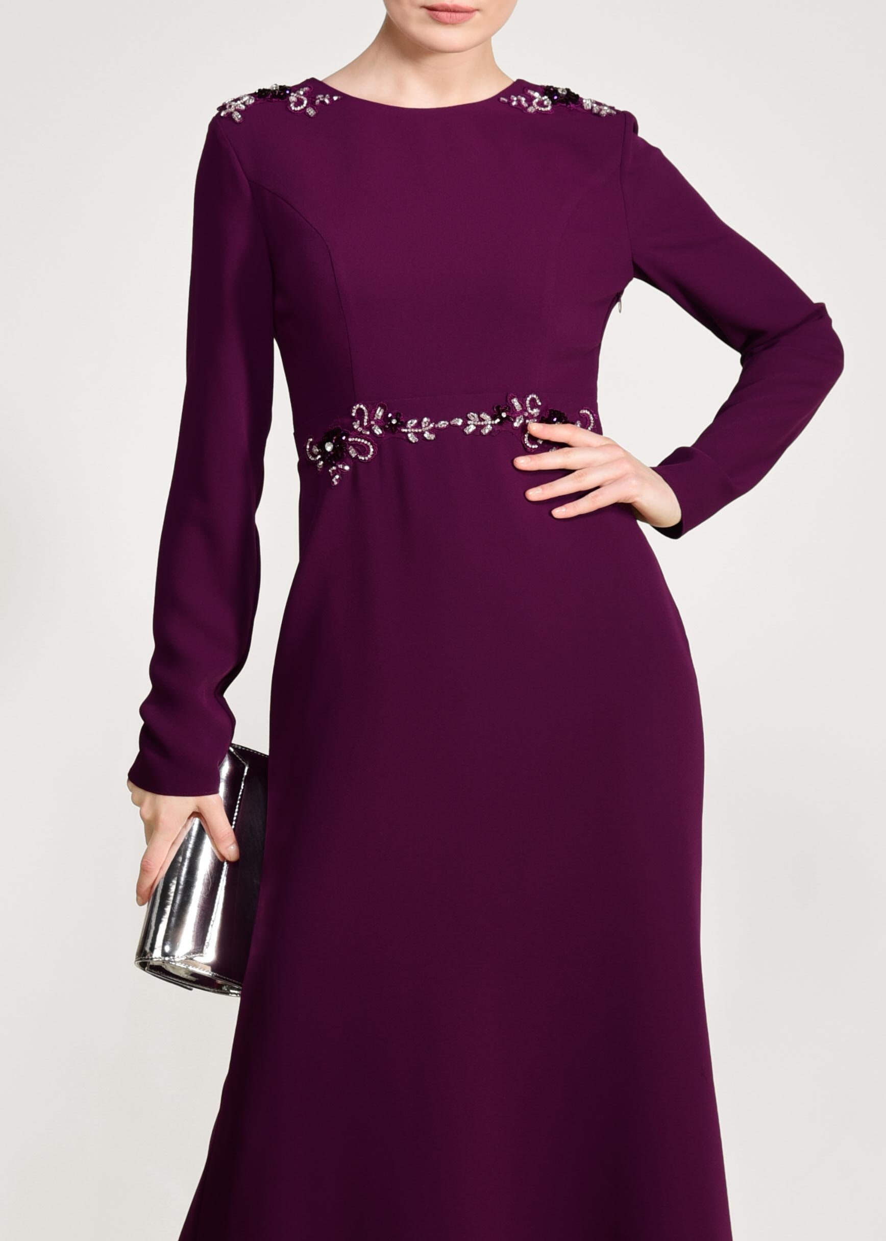 Tesettür giyim MOR BONCUK İŞLEMELİ OMUZDAN ŞİFON DETAYLI ABİYE ELBİSE 5463