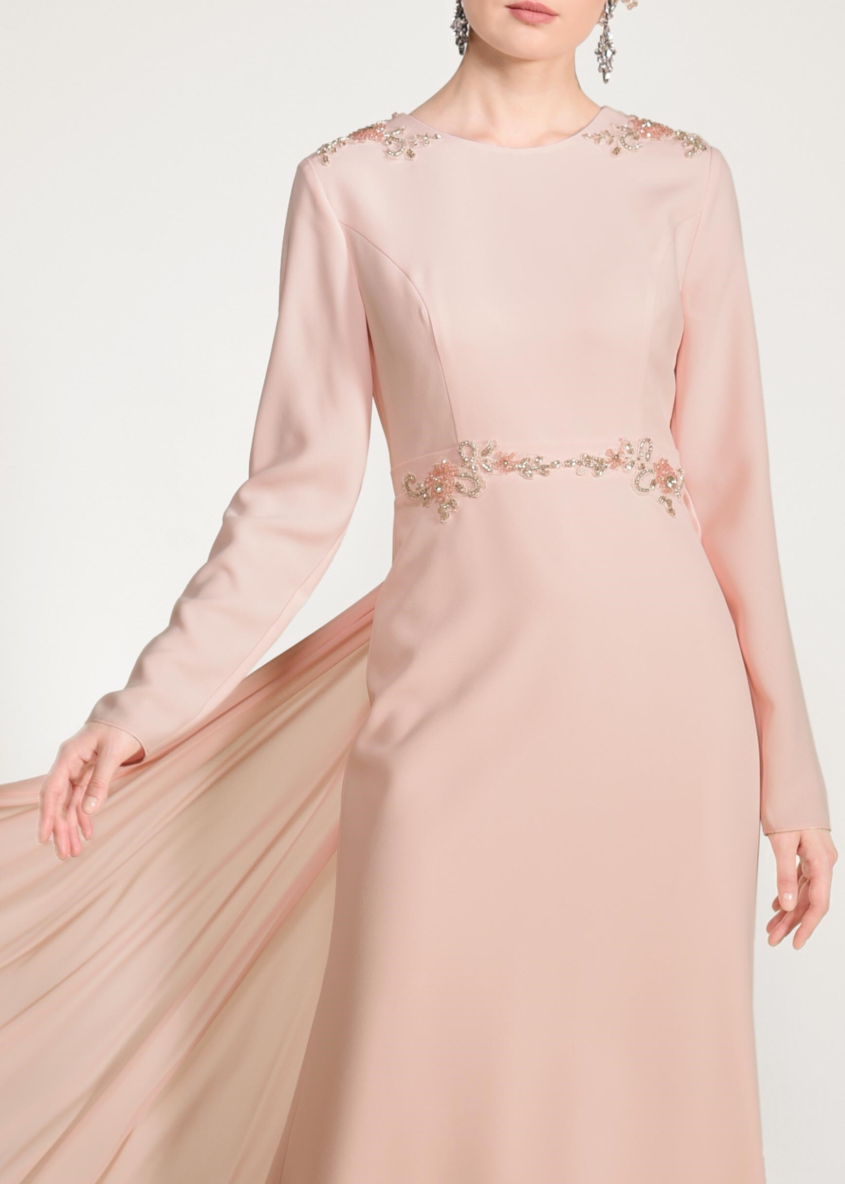 Tesettür giyim PUDRA BONCUK İŞLEMELİ OMUZDAN ŞİFON DETAYLI ABİYE ELBİSE 5463