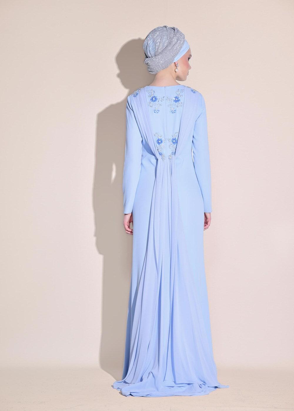 Tesettür giyim MAVİ BONCUK İŞLEMELİ OMUZDAN ŞİFON DETAYLI ABİYE ELBİSE 5463