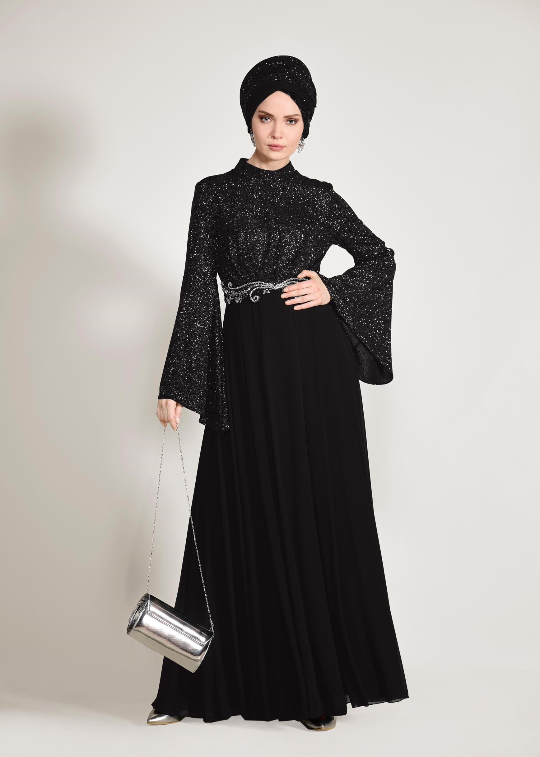 Tesettür giyim SİYAH BELİ TAŞ İŞLEMELİ SİMLİ ABİYE ELBİSE 5467 