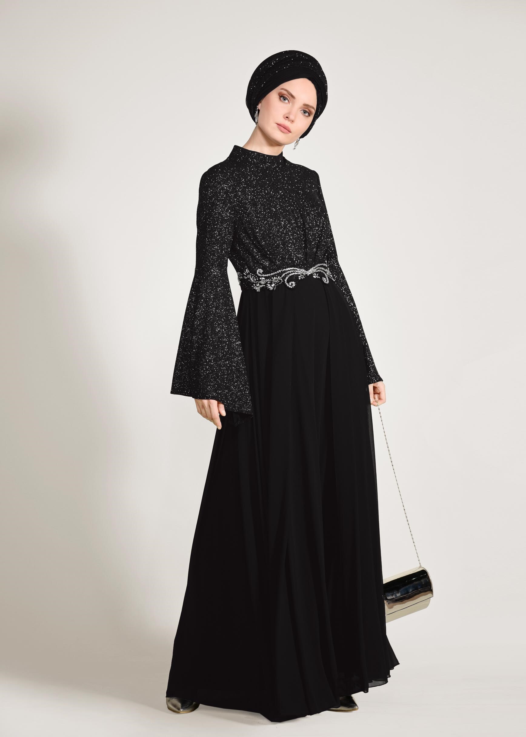Tesettür giyim SİYAH BELİ TAŞ İŞLEMELİ SİMLİ ABİYE ELBİSE 5467 