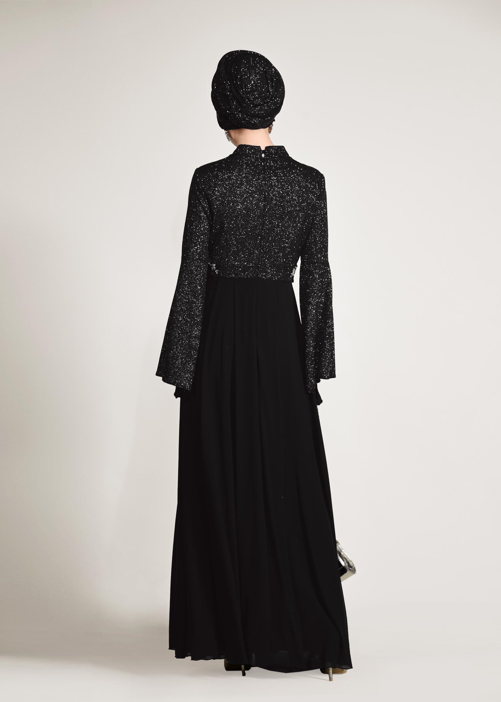 Tesettür giyim SİYAH BELİ TAŞ İŞLEMELİ SİMLİ ABİYE ELBİSE 5467 