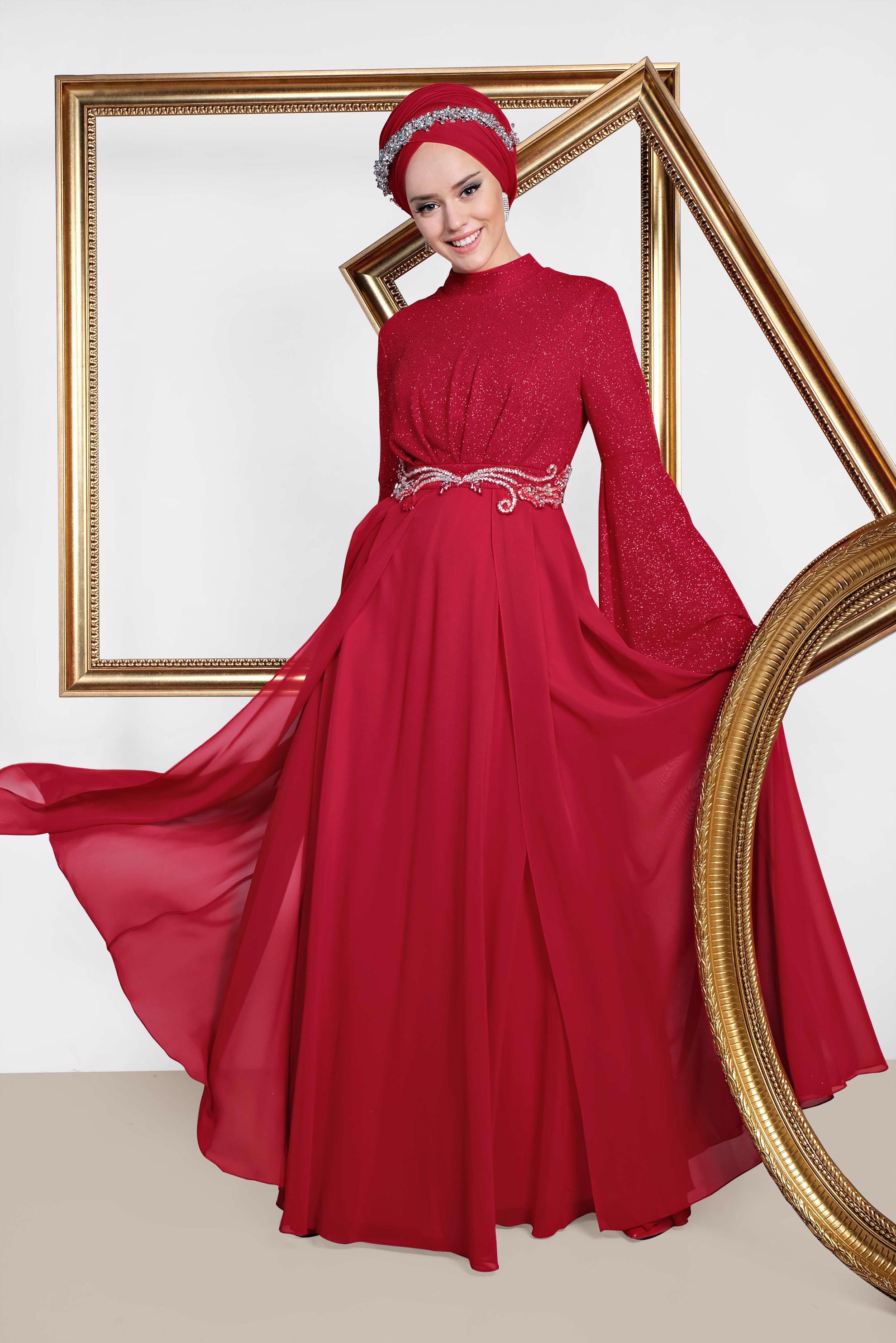Tesettür giyim KIRMIZI BELİ TAŞ İŞLEMELİ SİMLİ ABİYE ELBİSE 5467 