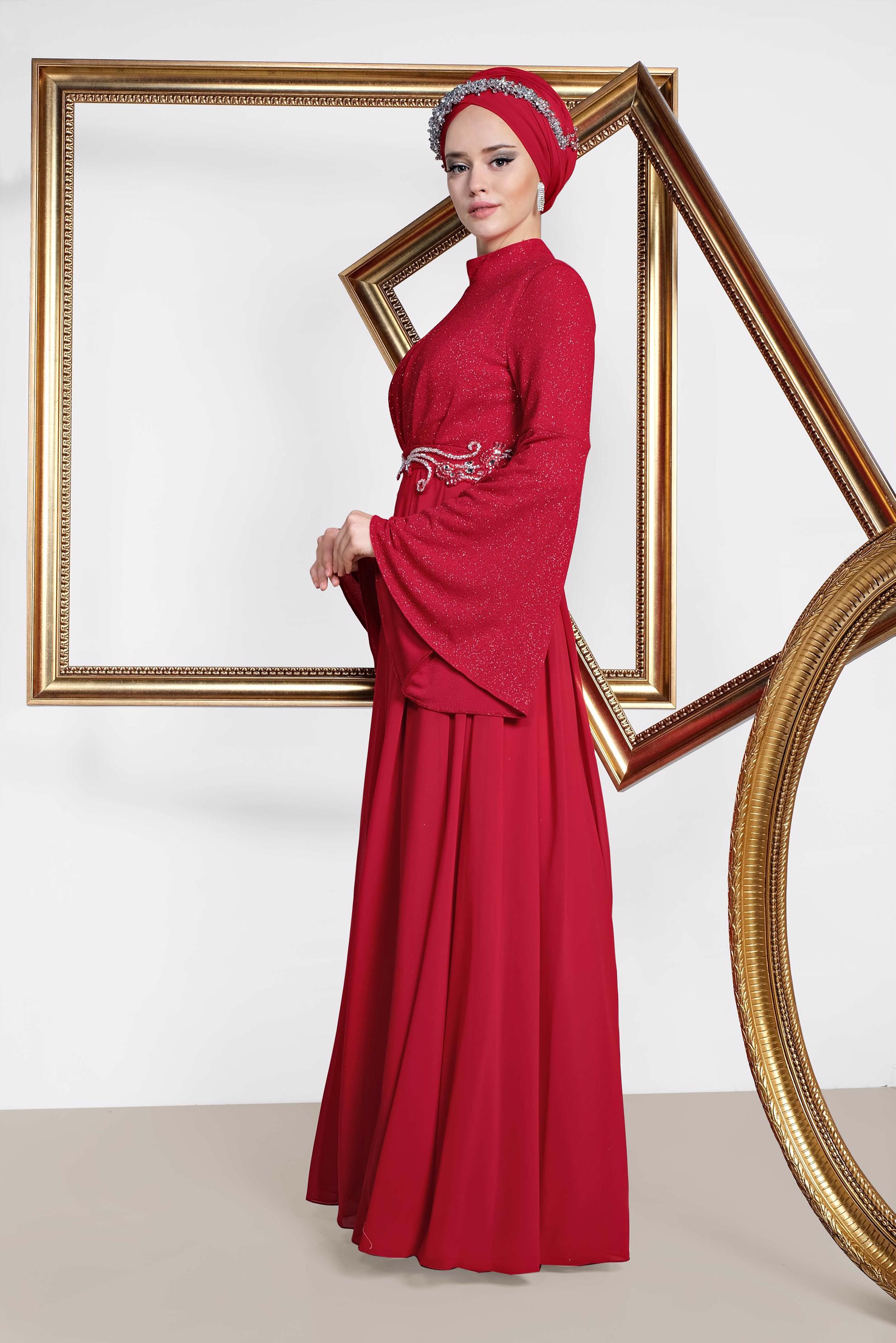 Tesettür giyim KIRMIZI BELİ TAŞ İŞLEMELİ SİMLİ ABİYE ELBİSE 5467 