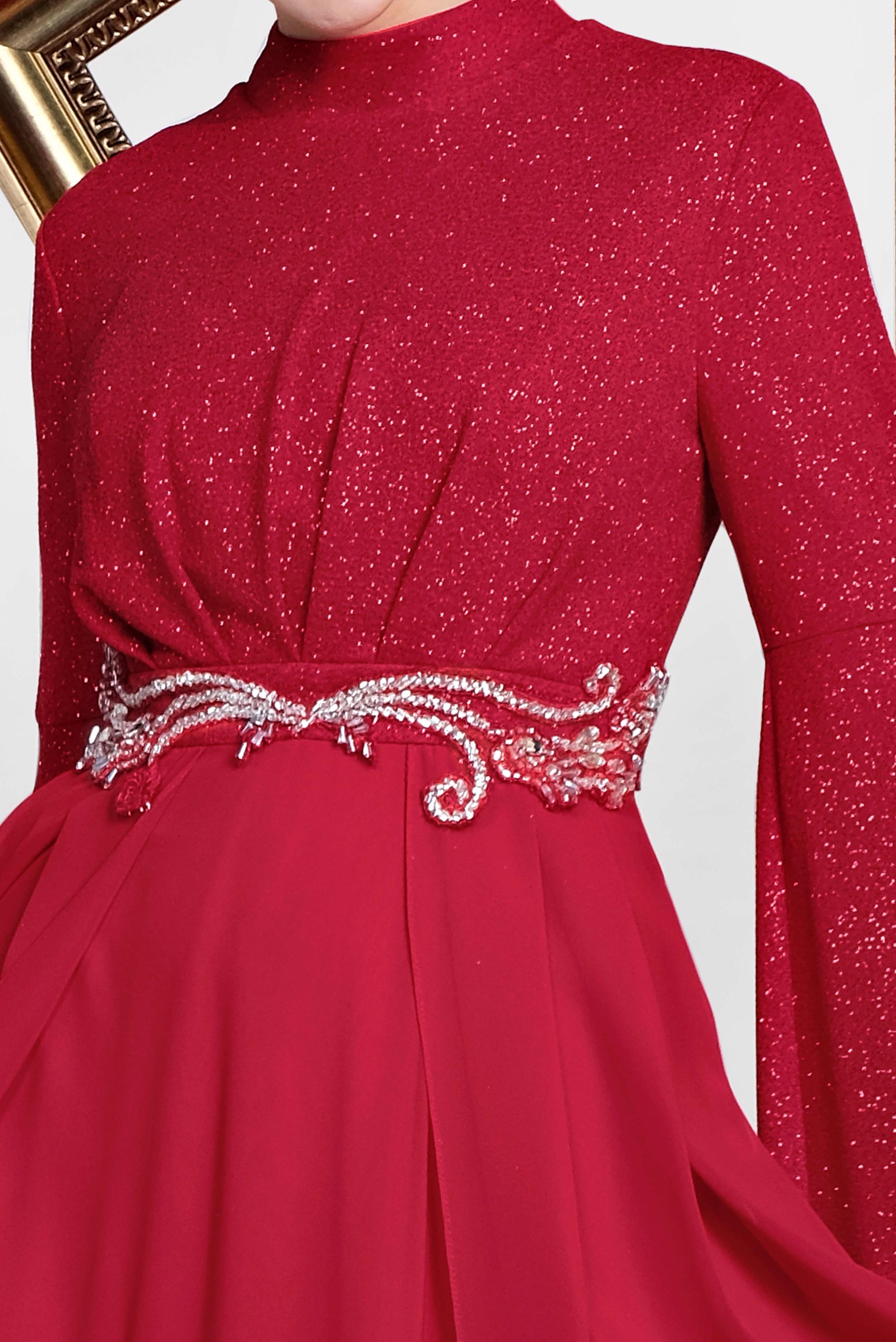 Tesettür giyim KIRMIZI BELİ TAŞ İŞLEMELİ SİMLİ ABİYE ELBİSE 5467 