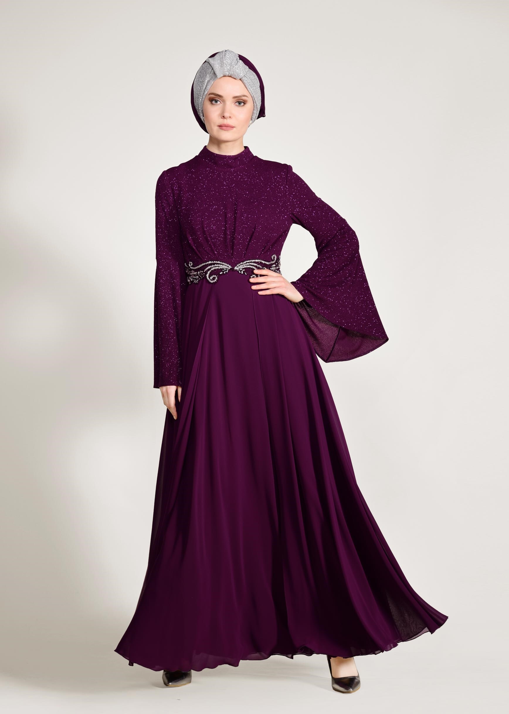 Tesettür giyim MOR BELİ TAŞ İŞLEMELİ SİMLİ ABİYE ELBİSE 5467 