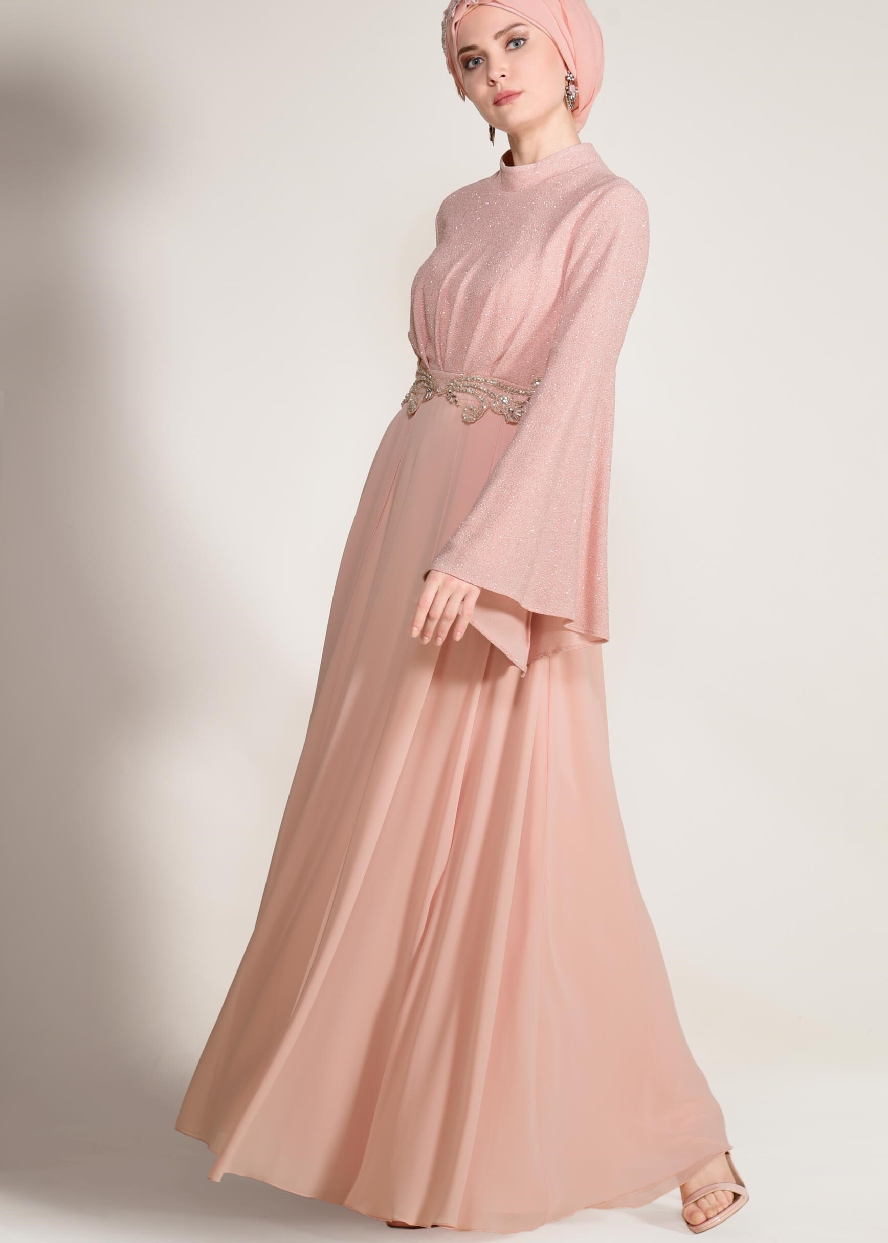 Tesettür giyim PUDRA BELİ TAŞ İŞLEMELİ SİMLİ ABİYE ELBİSE 5467 