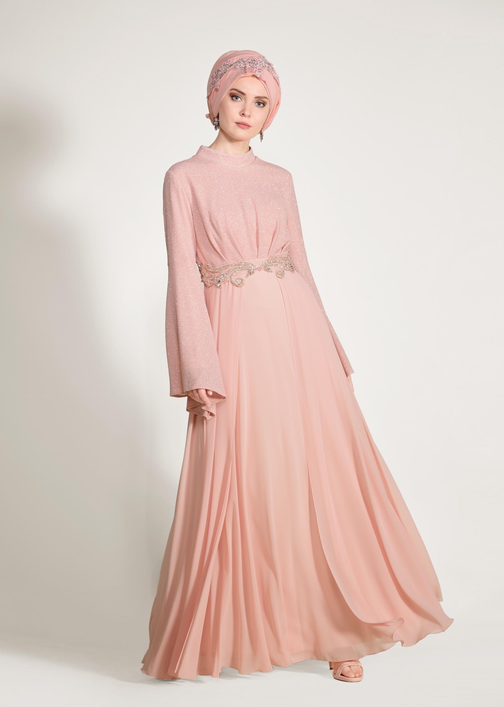 Tesettür giyim PUDRA BELİ TAŞ İŞLEMELİ SİMLİ ABİYE ELBİSE 5467 