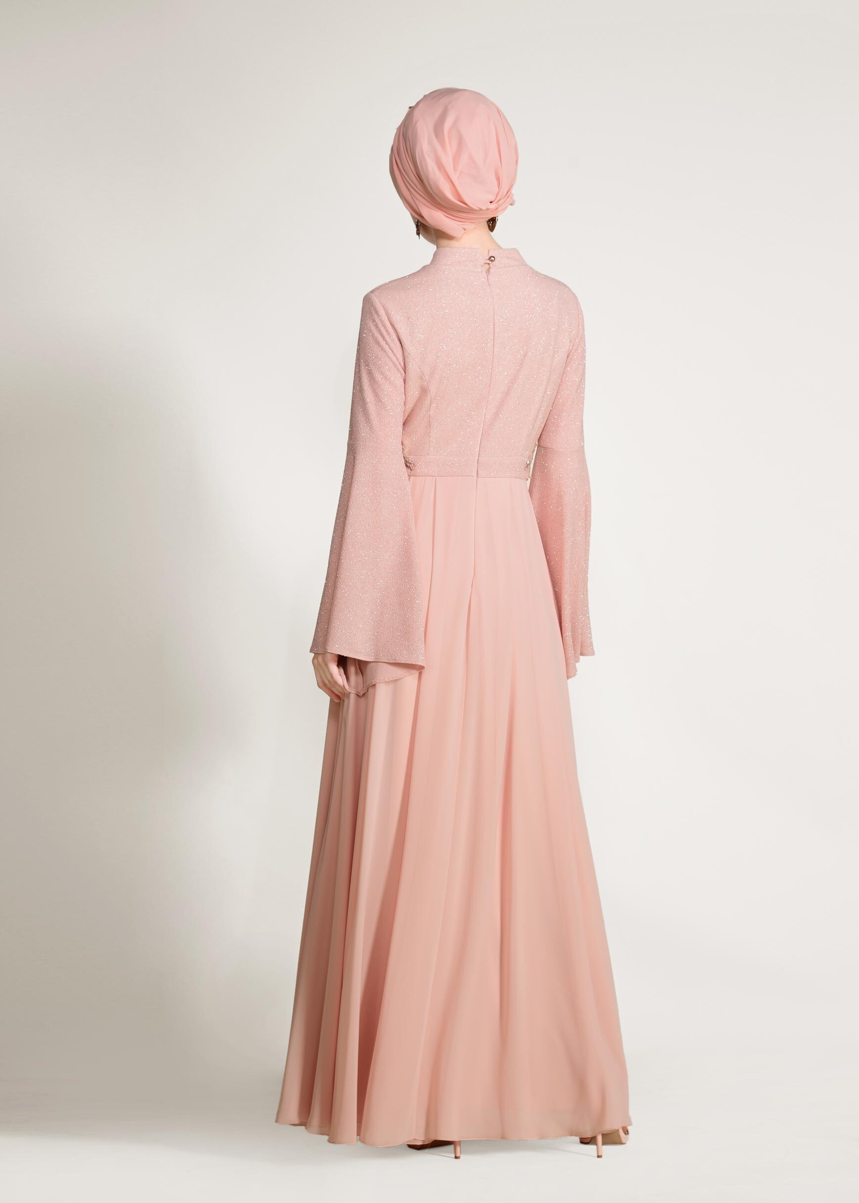 Tesettür giyim PUDRA BELİ TAŞ İŞLEMELİ SİMLİ ABİYE ELBİSE 5467 