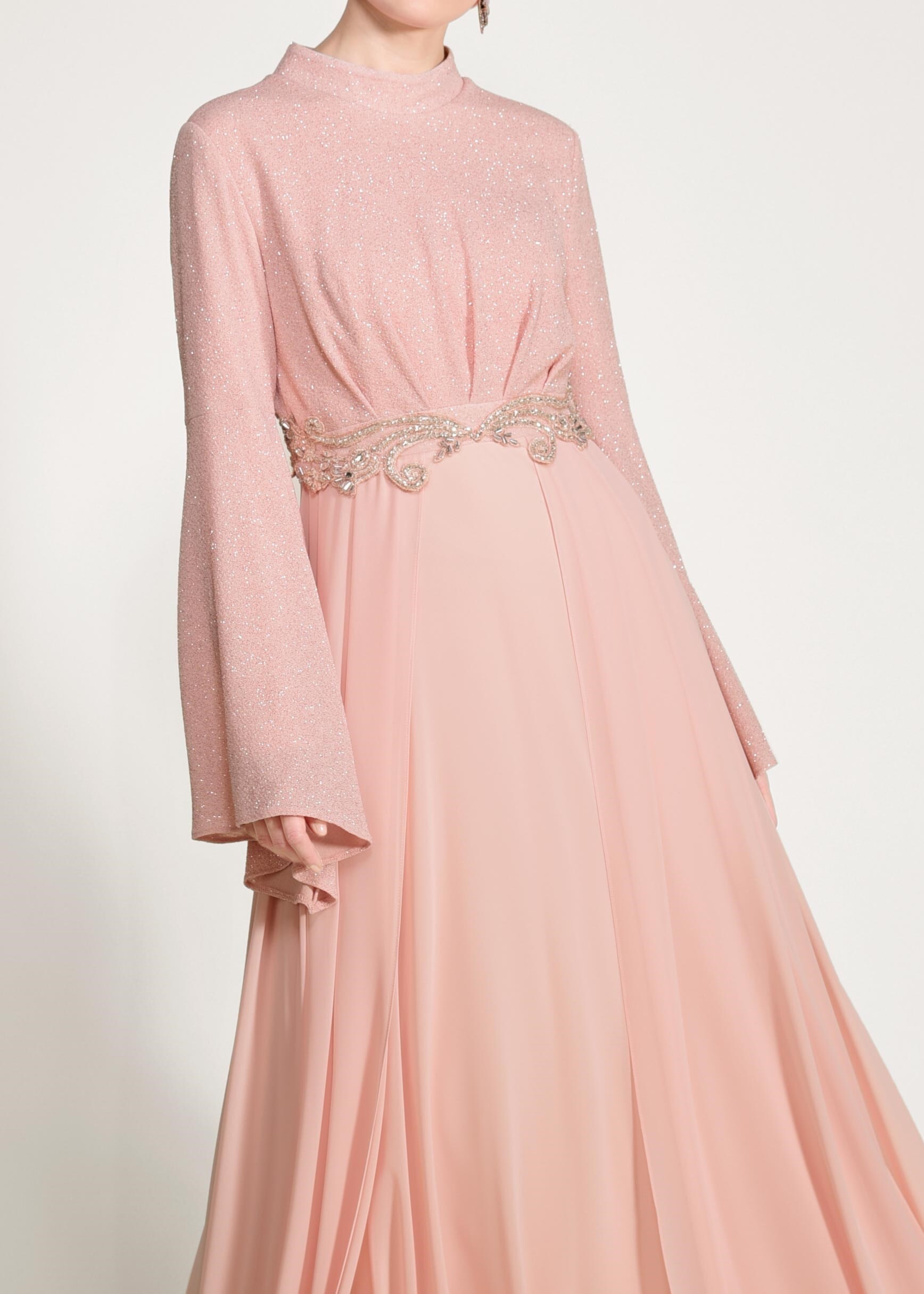 Tesettür giyim PUDRA BELİ TAŞ İŞLEMELİ SİMLİ ABİYE ELBİSE 5467 