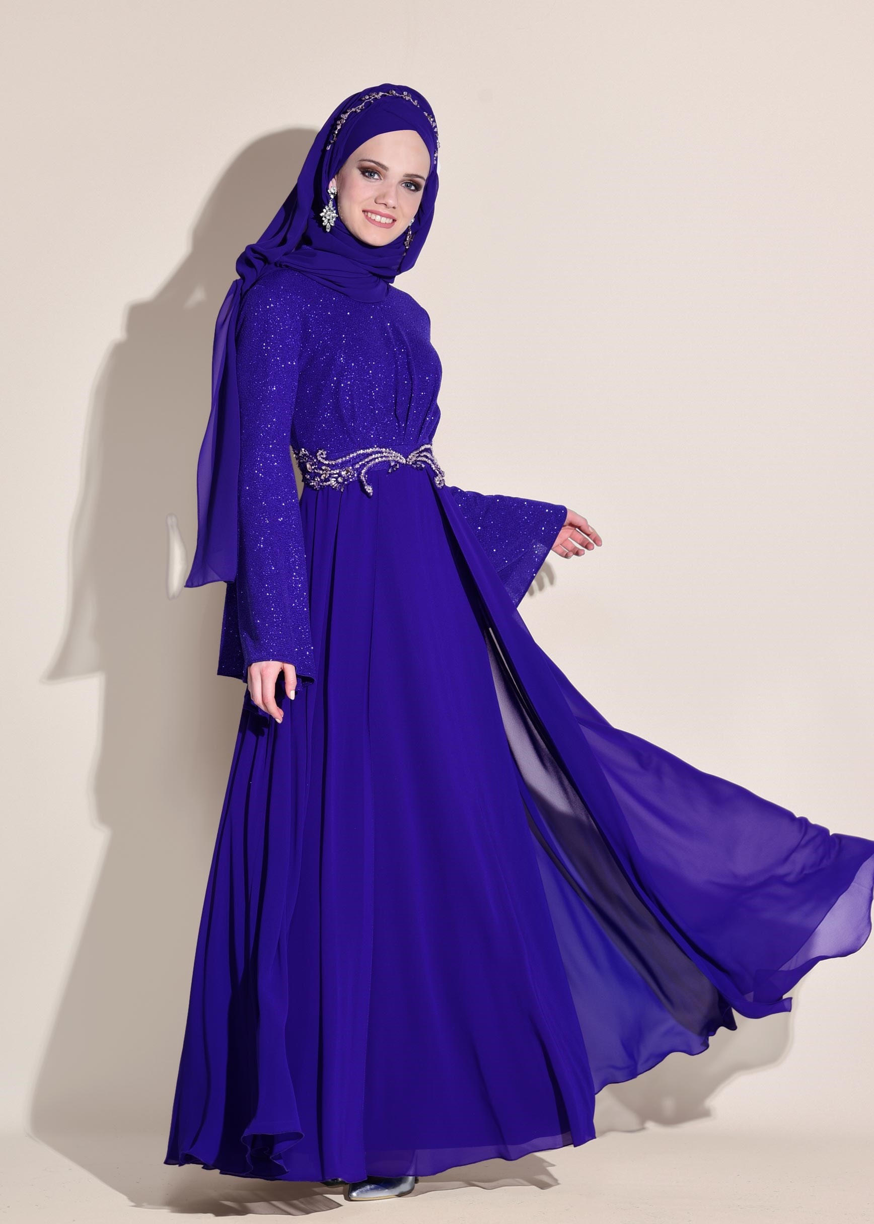 Tesettür giyim LACİVERT BELİ TAŞ İŞLEMELİ SİMLİ ABİYE ELBİSE 5467 