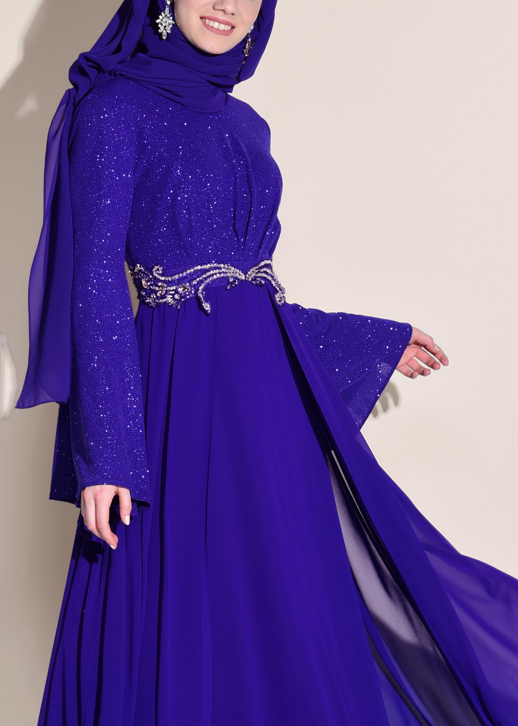 Tesettür giyim LACİVERT BELİ TAŞ İŞLEMELİ SİMLİ ABİYE ELBİSE 5467 