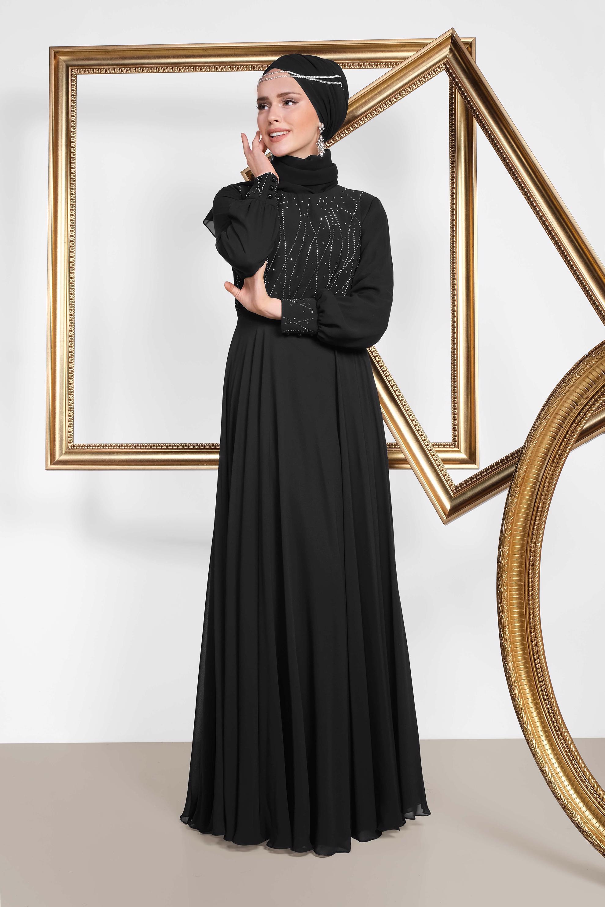 Hijab clothing BLACK CHIFFON EVENING DRESS WITH GEM 5471
