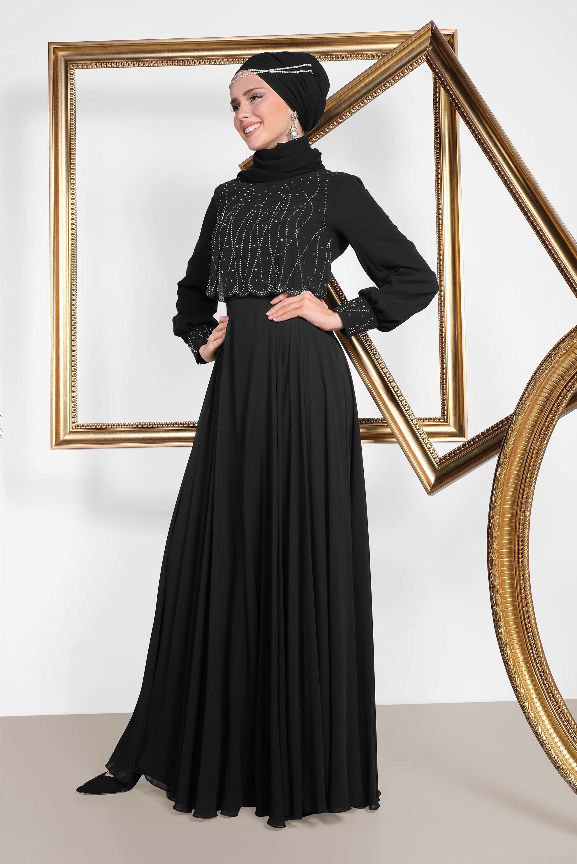 Hijab clothing BLACK CHIFFON EVENING DRESS WITH GEM 5471