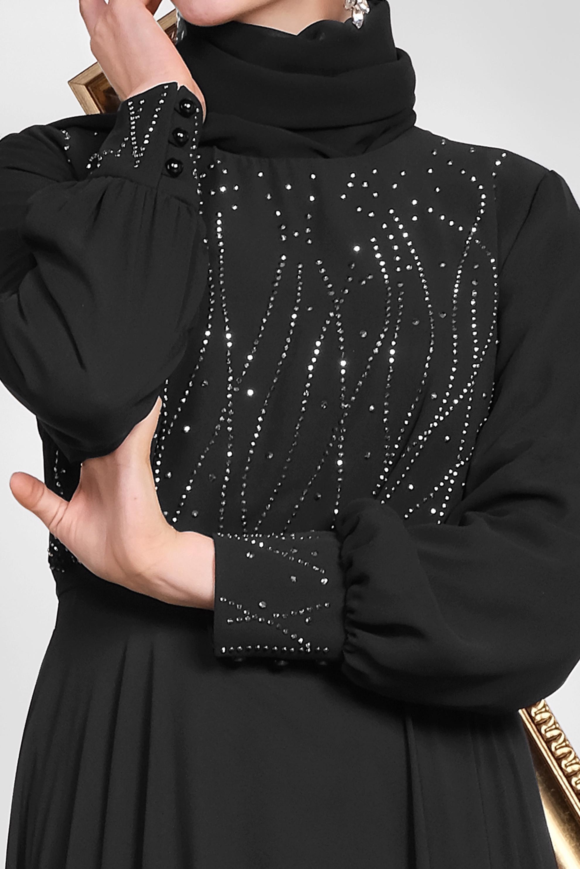 Hijab clothing BLACK CHIFFON EVENING DRESS WITH GEM 5471