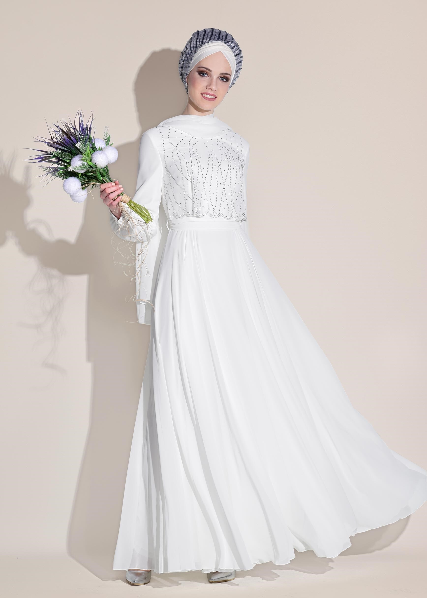 Tesettür giyim BEYAZ TAŞ DETAYLI ABİYE ELBİSE 5471