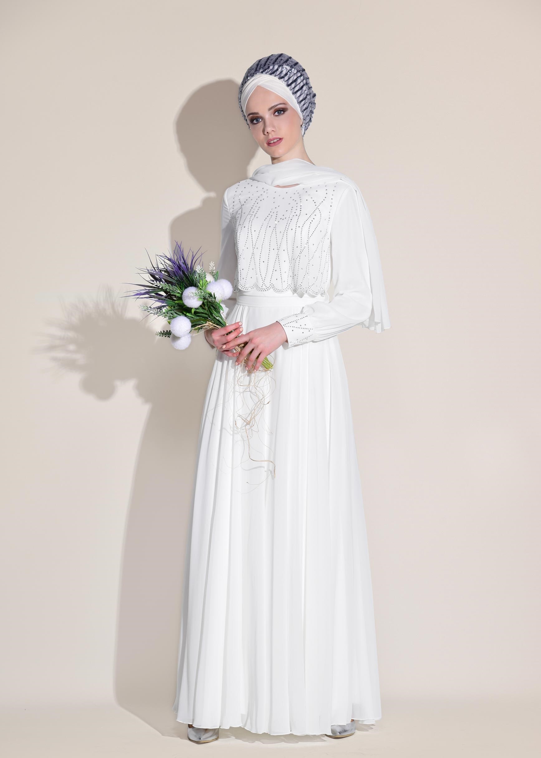 Tesettür giyim BEYAZ TAŞ DETAYLI ABİYE ELBİSE 5471