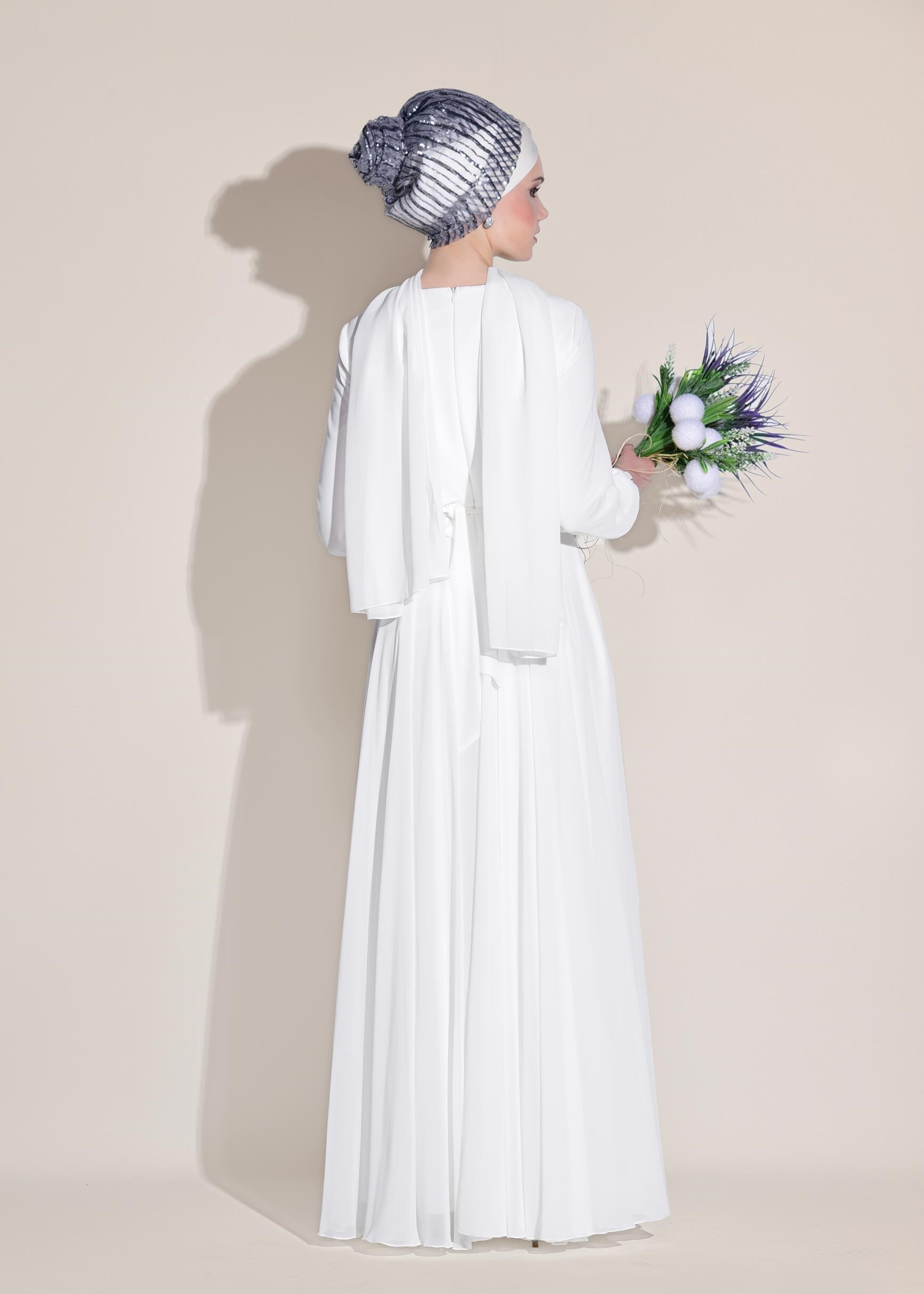 Tesettür giyim BEYAZ TAŞ DETAYLI ABİYE ELBİSE 5471