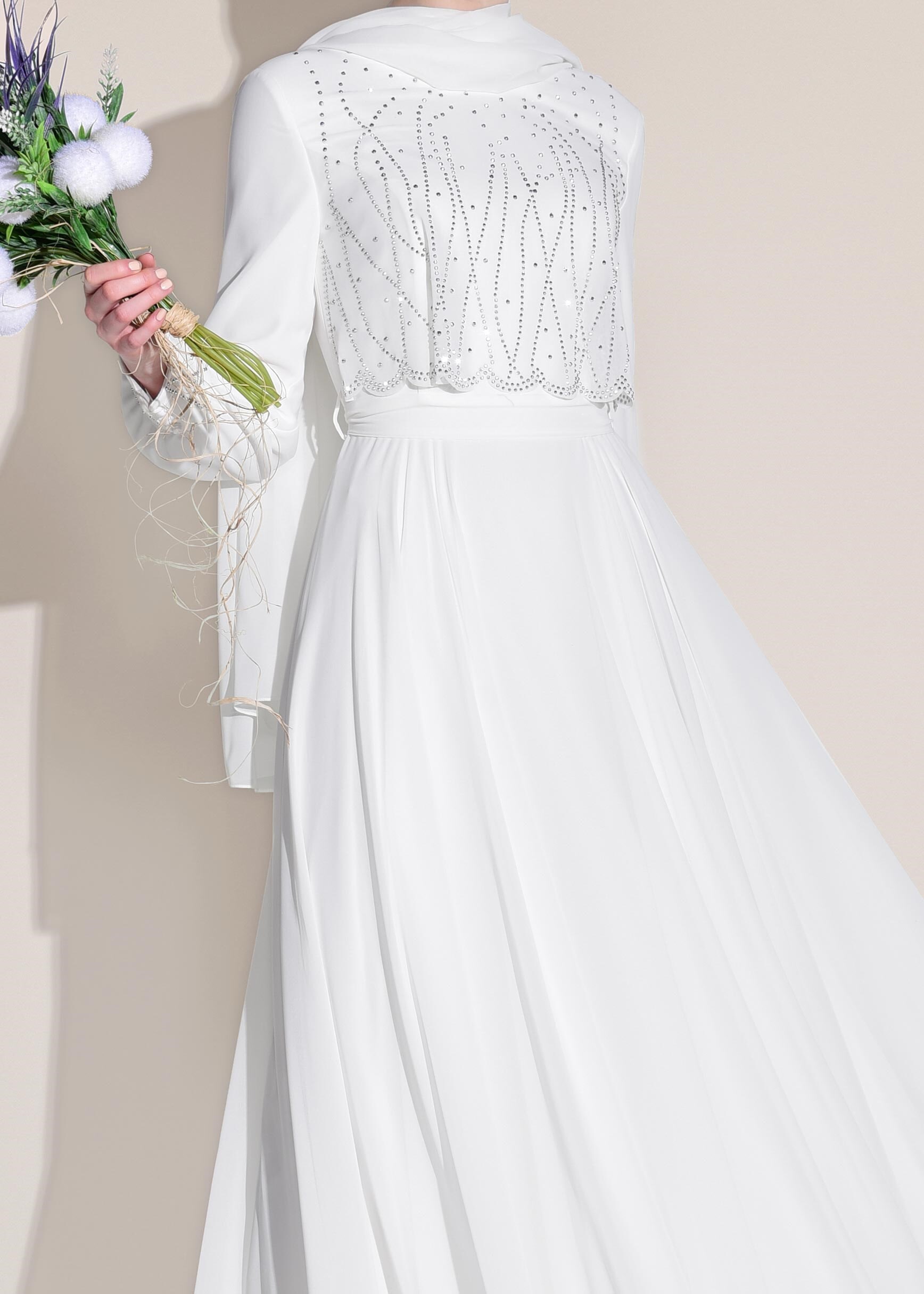 Tesettür giyim BEYAZ TAŞ DETAYLI ABİYE ELBİSE 5471