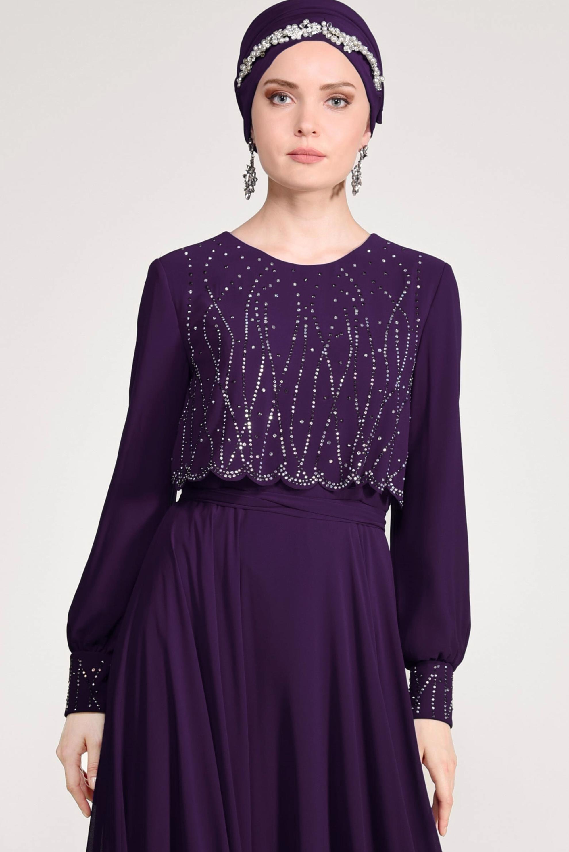 Tesettür giyim MOR TAŞ DETAYLI ABİYE ELBİSE 5471