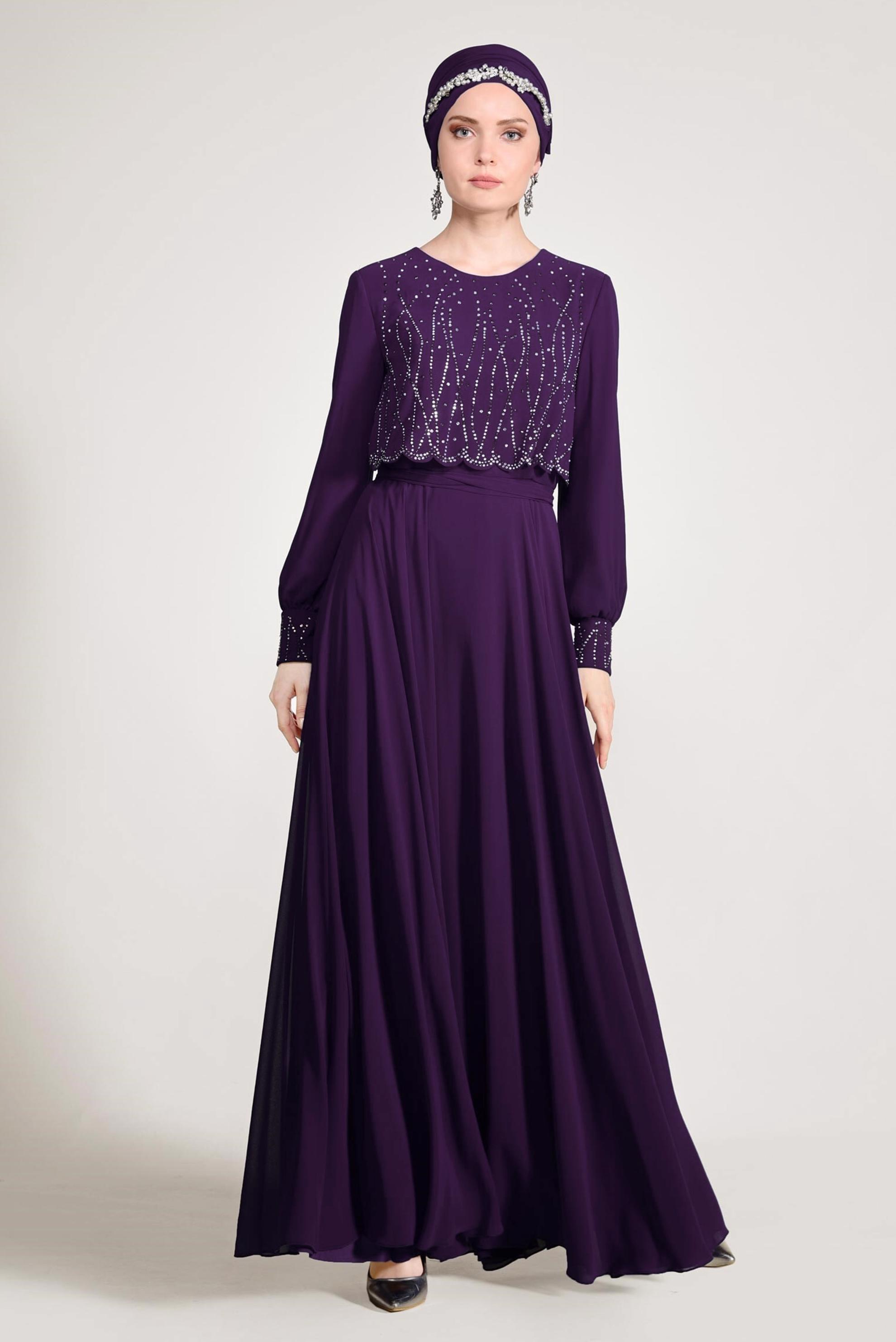 Tesettür giyim MOR TAŞ DETAYLI ABİYE ELBİSE 5471