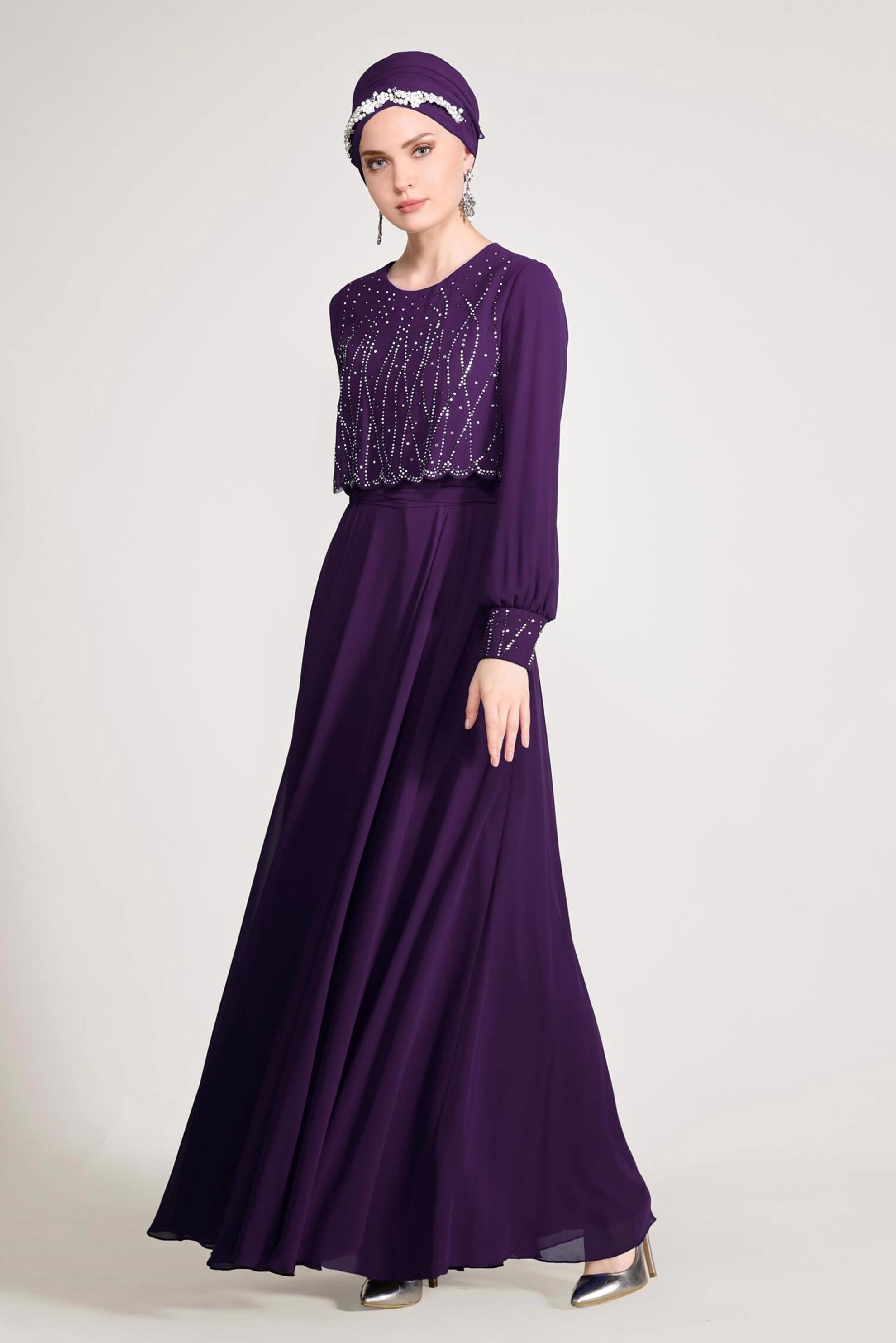 Tesettür giyim MOR TAŞ DETAYLI ABİYE ELBİSE 5471