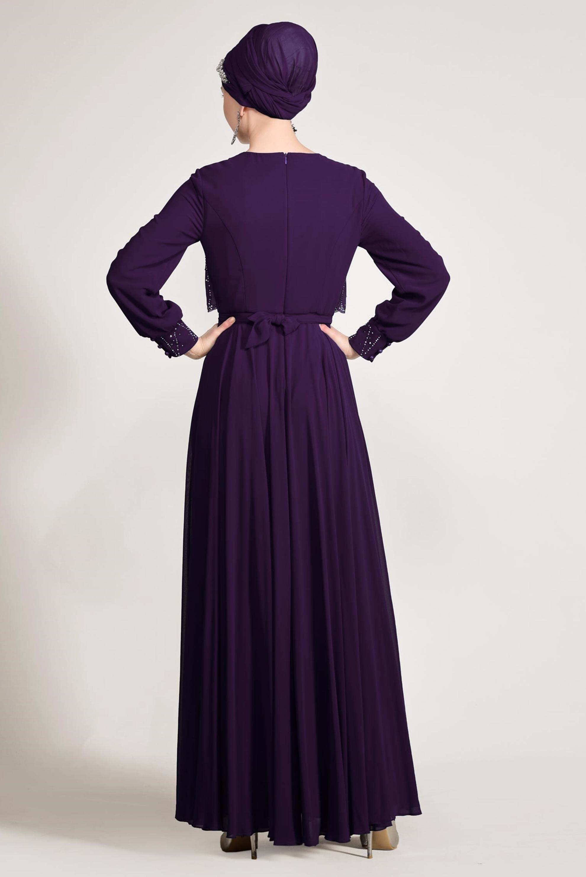 Tesettür giyim MOR TAŞ DETAYLI ABİYE ELBİSE 5471