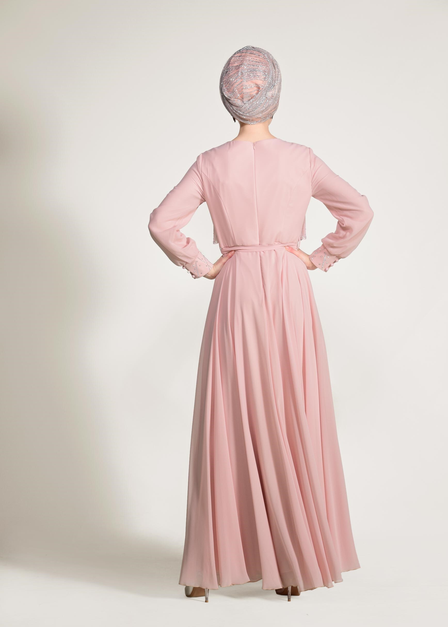 Tesettür giyim PUDRA TAŞ DETAYLI ABİYE ELBİSE 5471