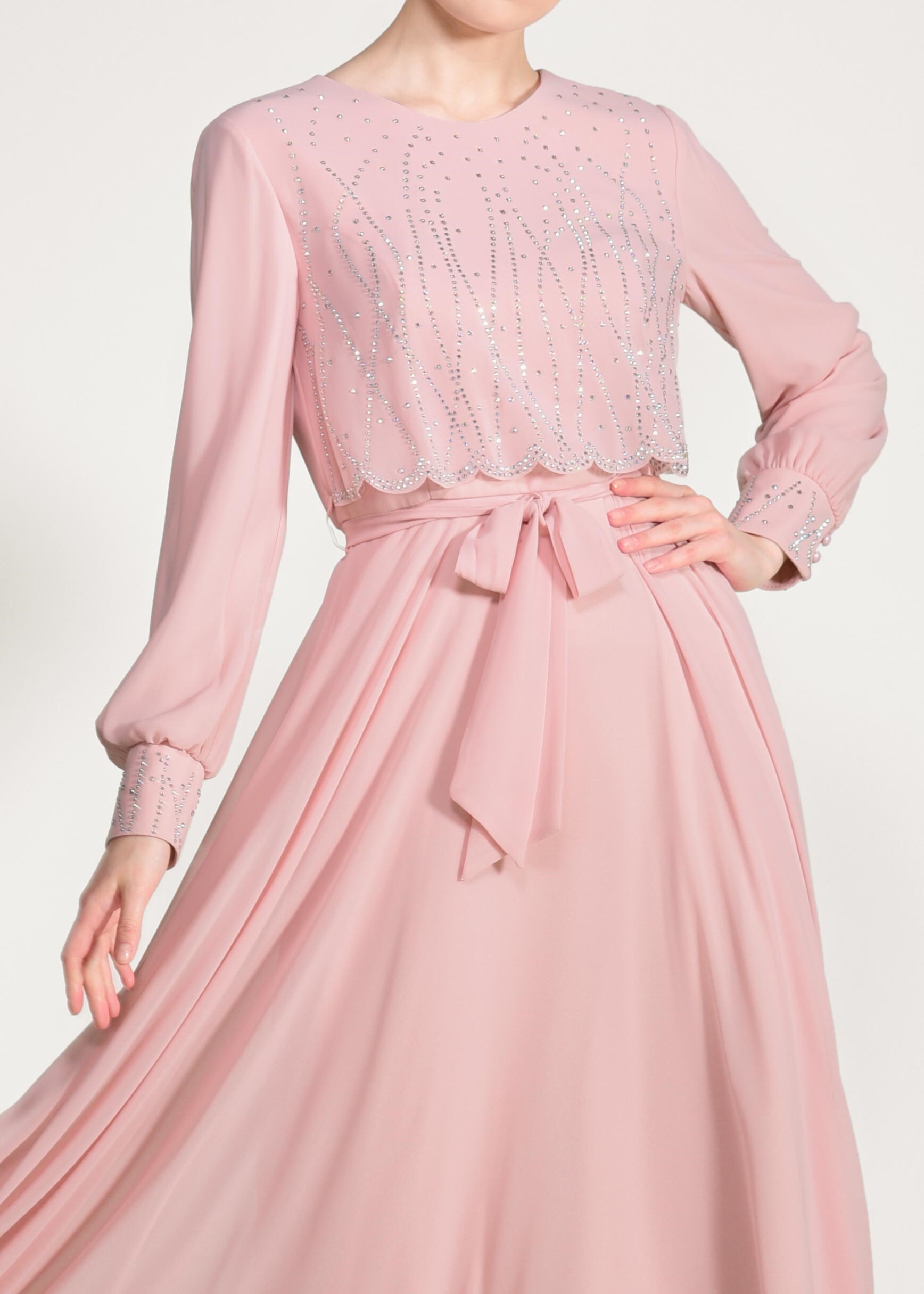 Tesettür giyim PUDRA TAŞ DETAYLI ABİYE ELBİSE 5471