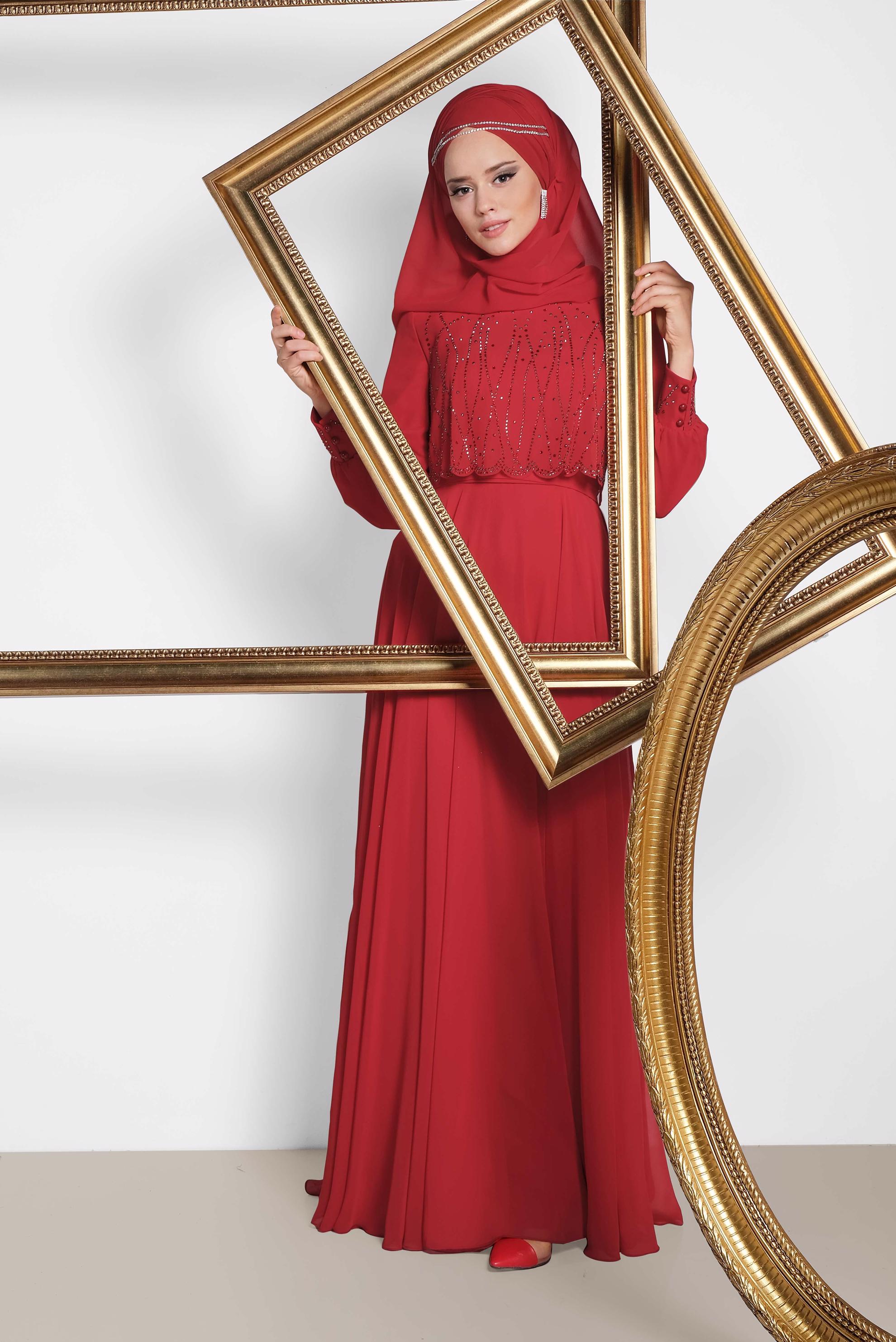 Hijab clothing CLARET RED CHIFFON EVENING DRESS WITH GEM 5471