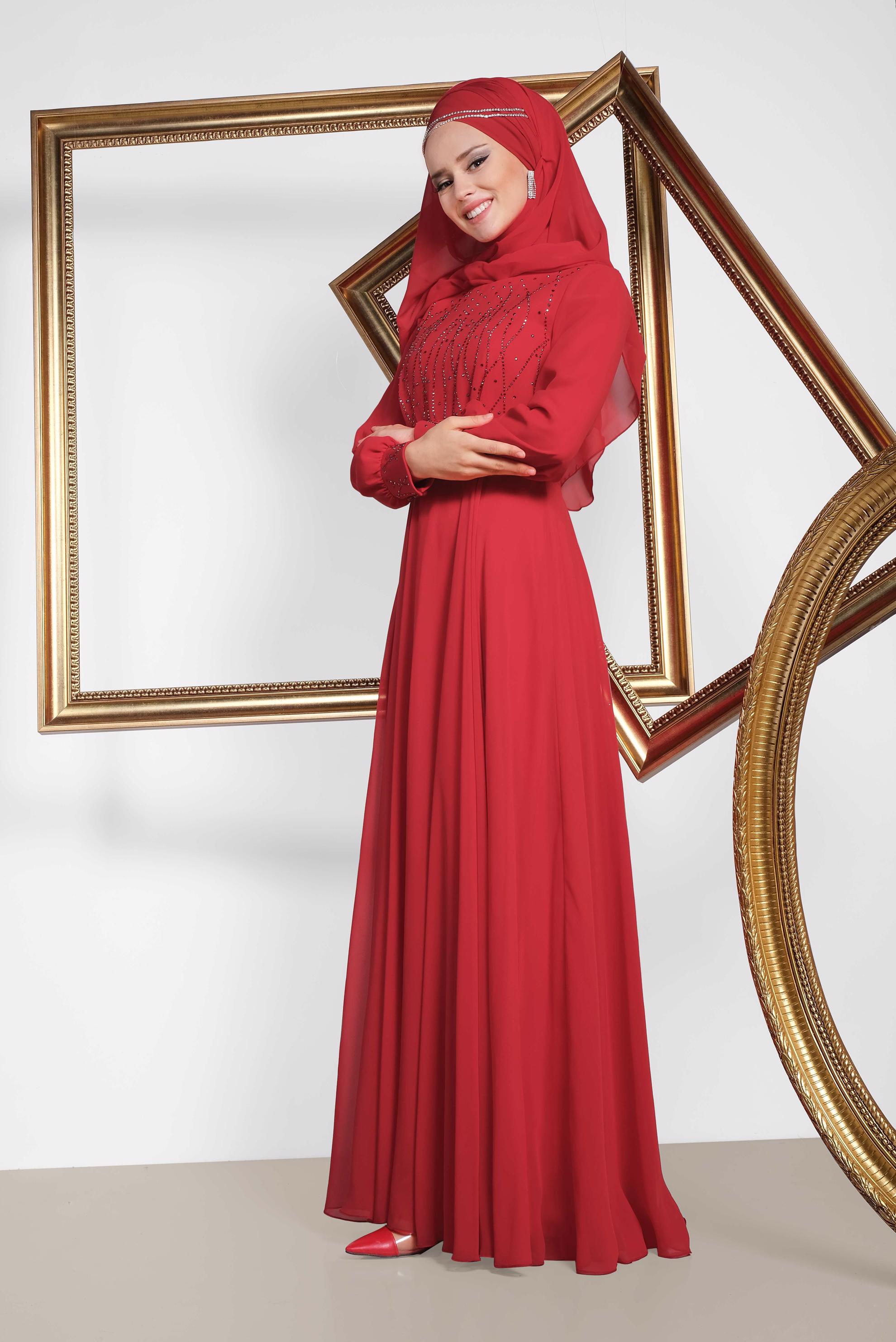 Hijab clothing CLARET RED CHIFFON EVENING DRESS WITH GEM 5471