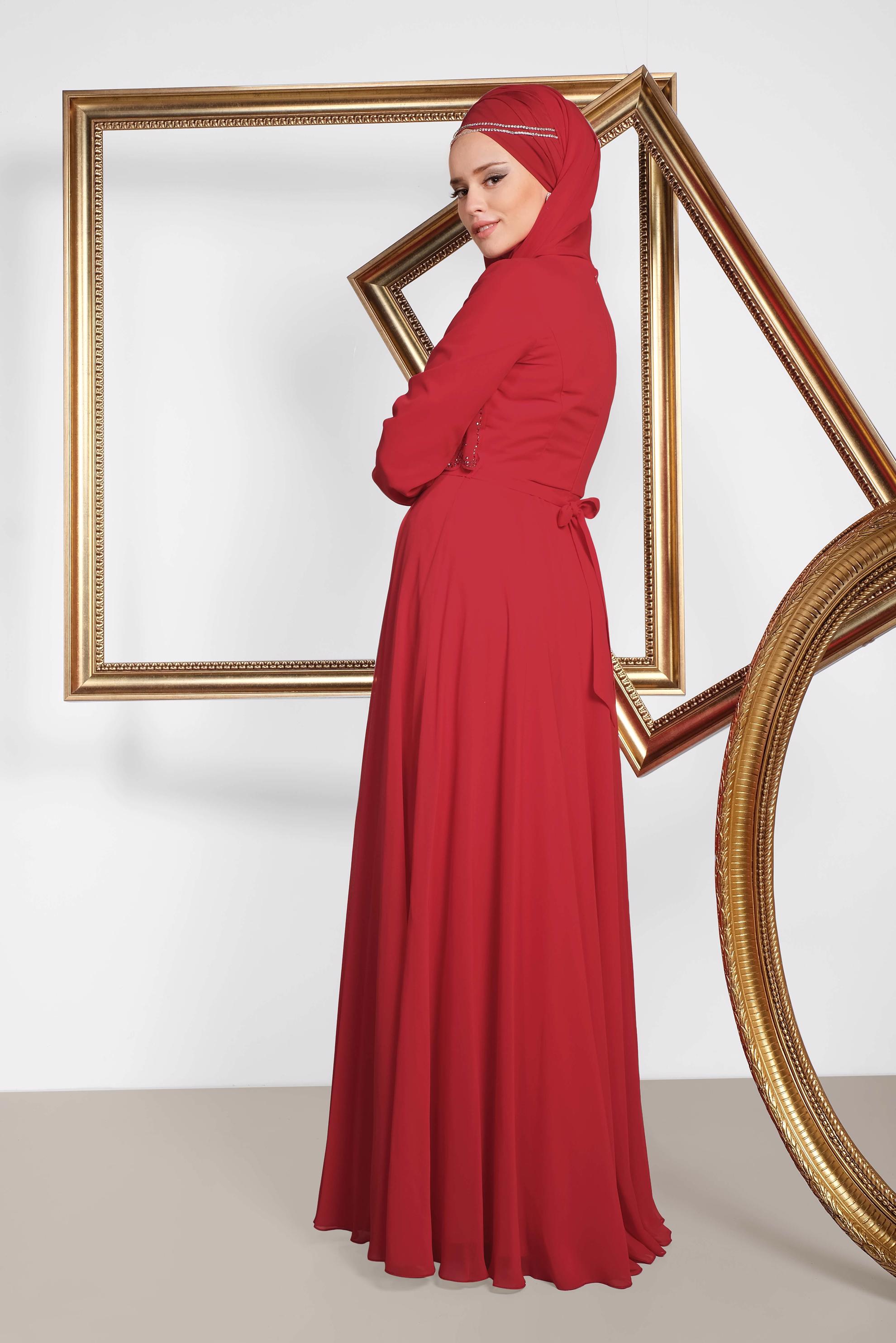 Hijab clothing CLARET RED CHIFFON EVENING DRESS WITH GEM 5471