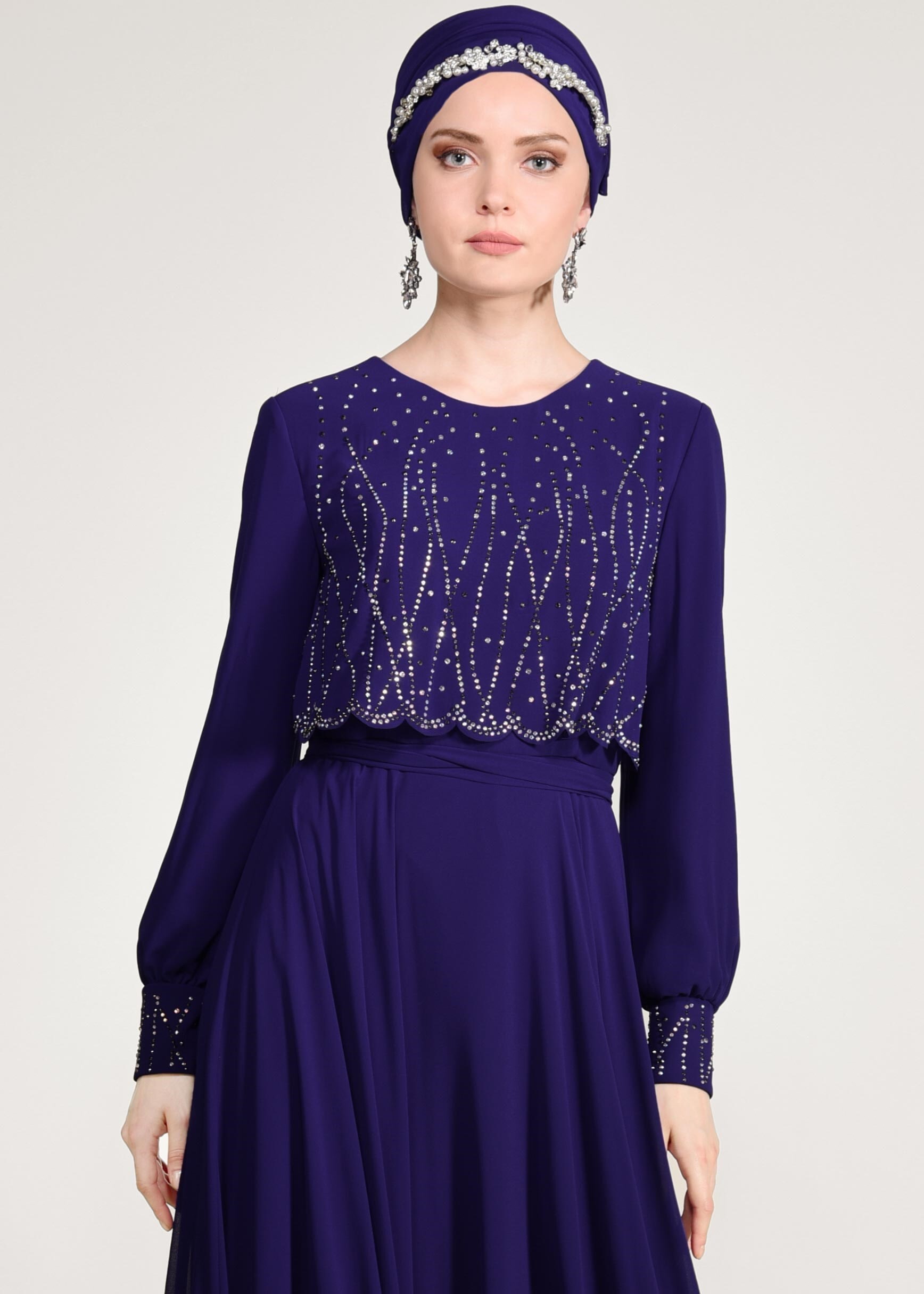 Tesettür giyim MAVİ TAŞ DETAYLI ABİYE ELBİSE 5471