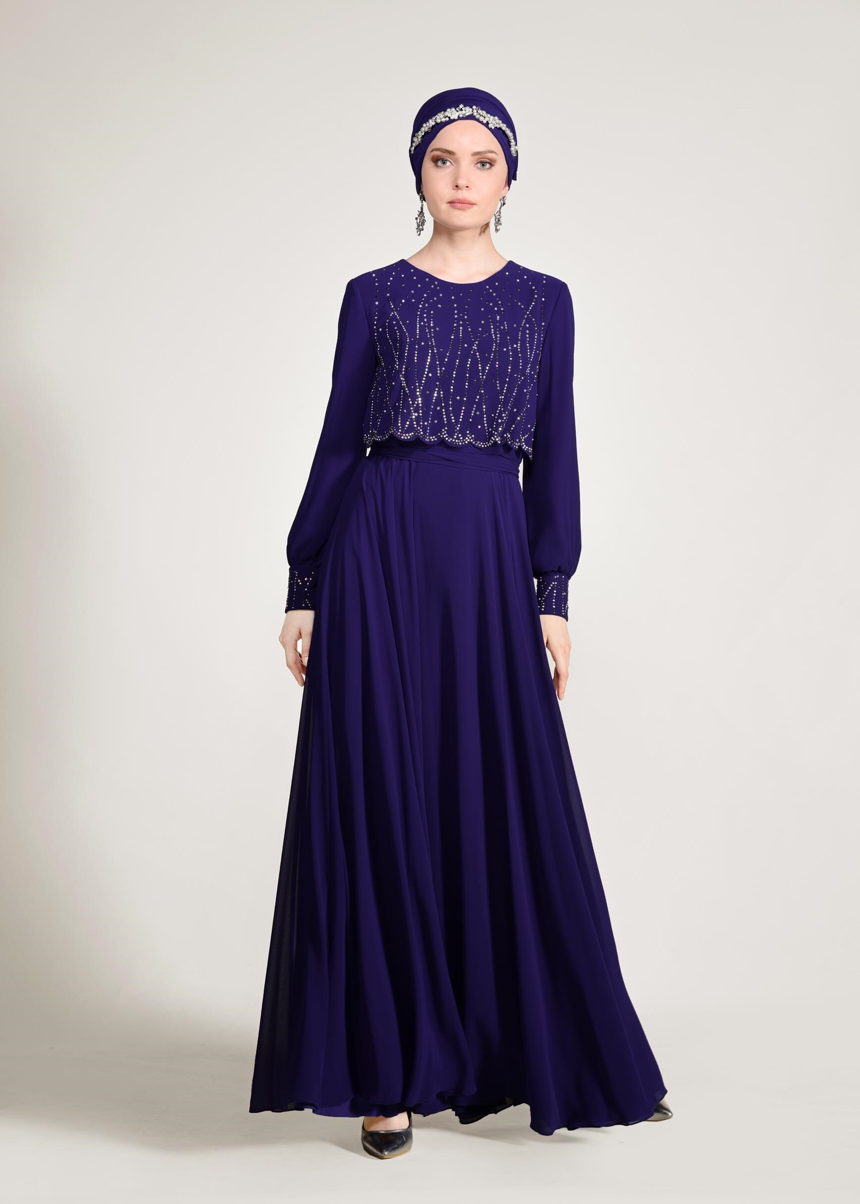 Tesettür giyim MAVİ TAŞ DETAYLI ABİYE ELBİSE 5471