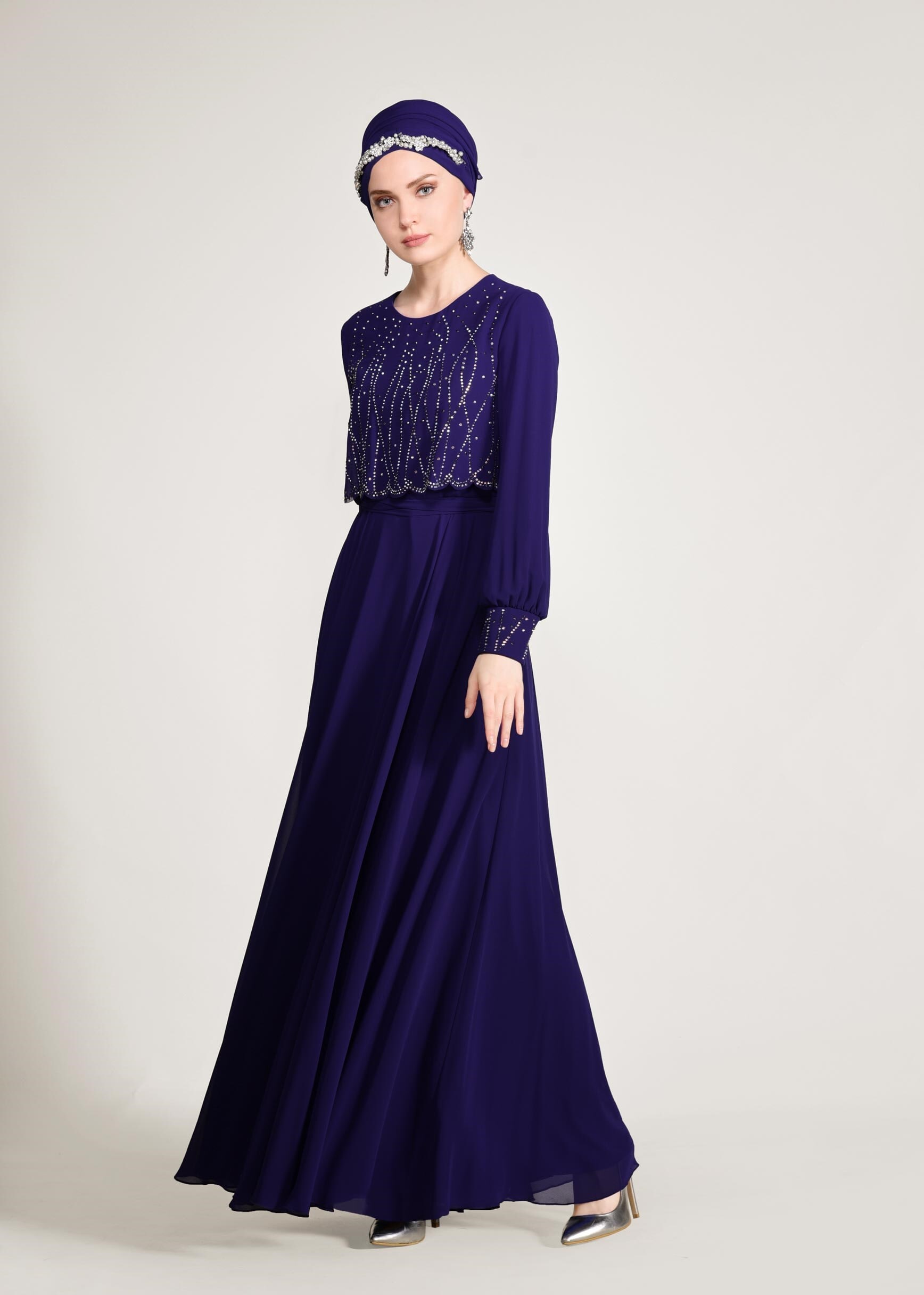 Tesettür giyim MAVİ TAŞ DETAYLI ABİYE ELBİSE 5471