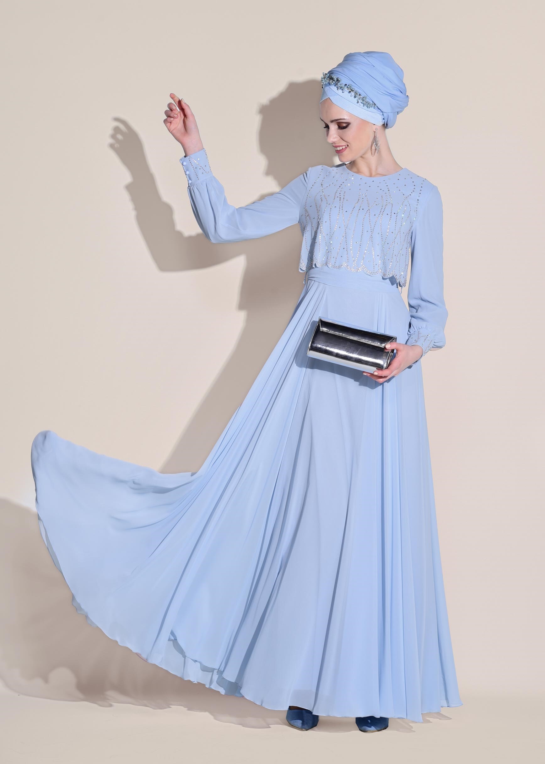 Tesettür giyim MAVİ TAŞ DETAYLI ABİYE ELBİSE 5471