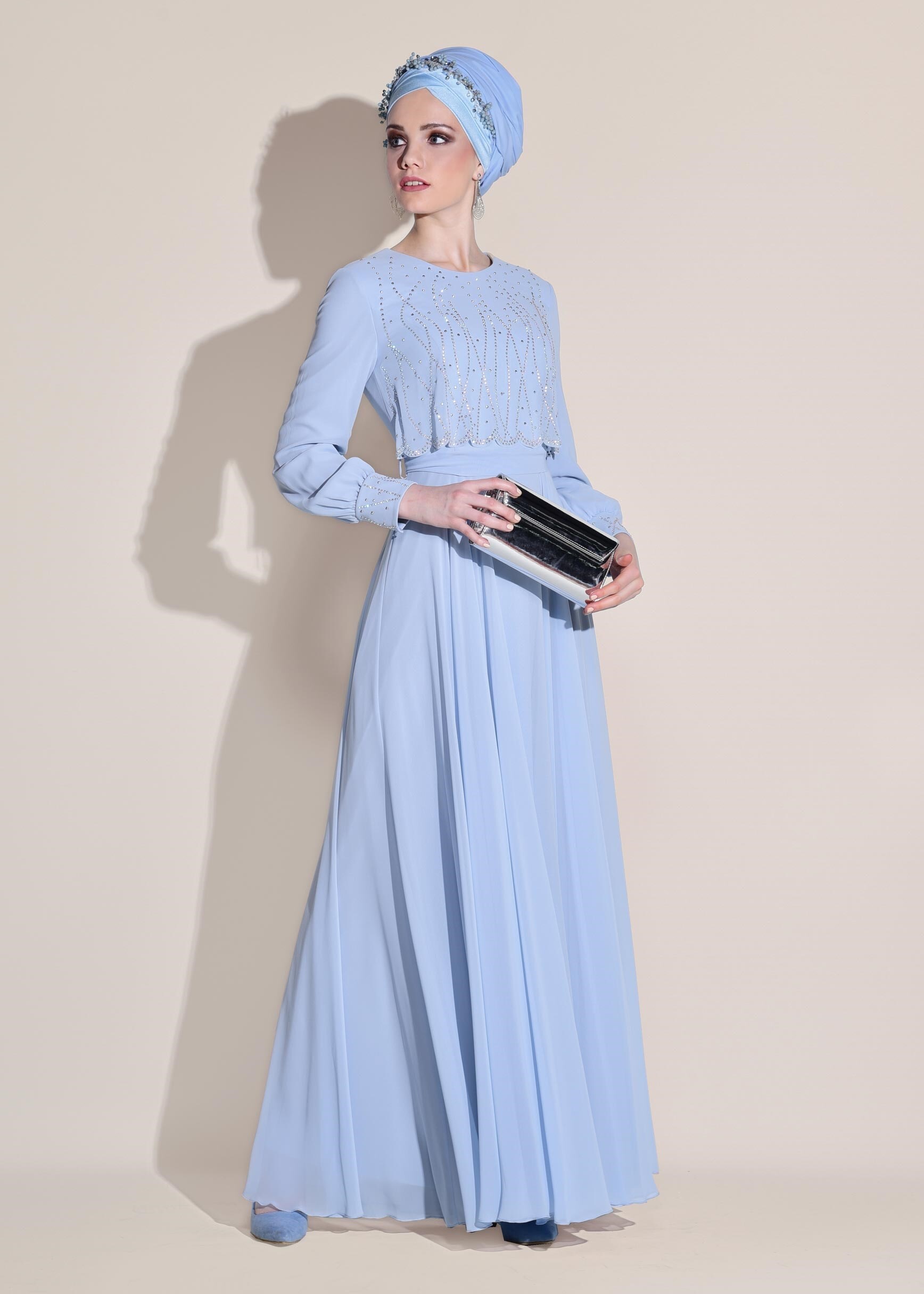 Tesettür giyim MAVİ TAŞ DETAYLI ABİYE ELBİSE 5471