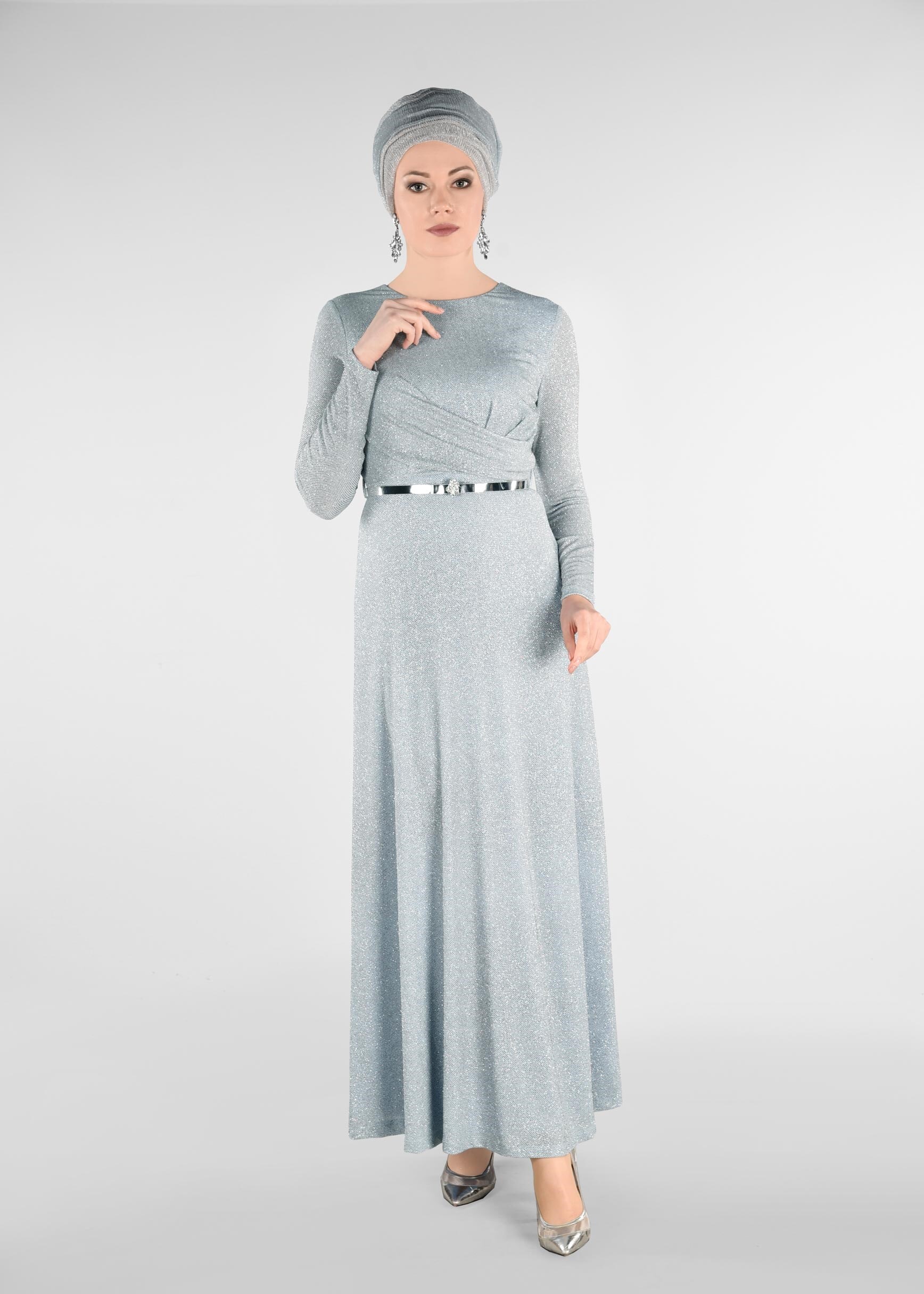 Tesettür giyim MAVİ SİMLİ KUMAŞTAN ABİYE ELBİSE 5473 