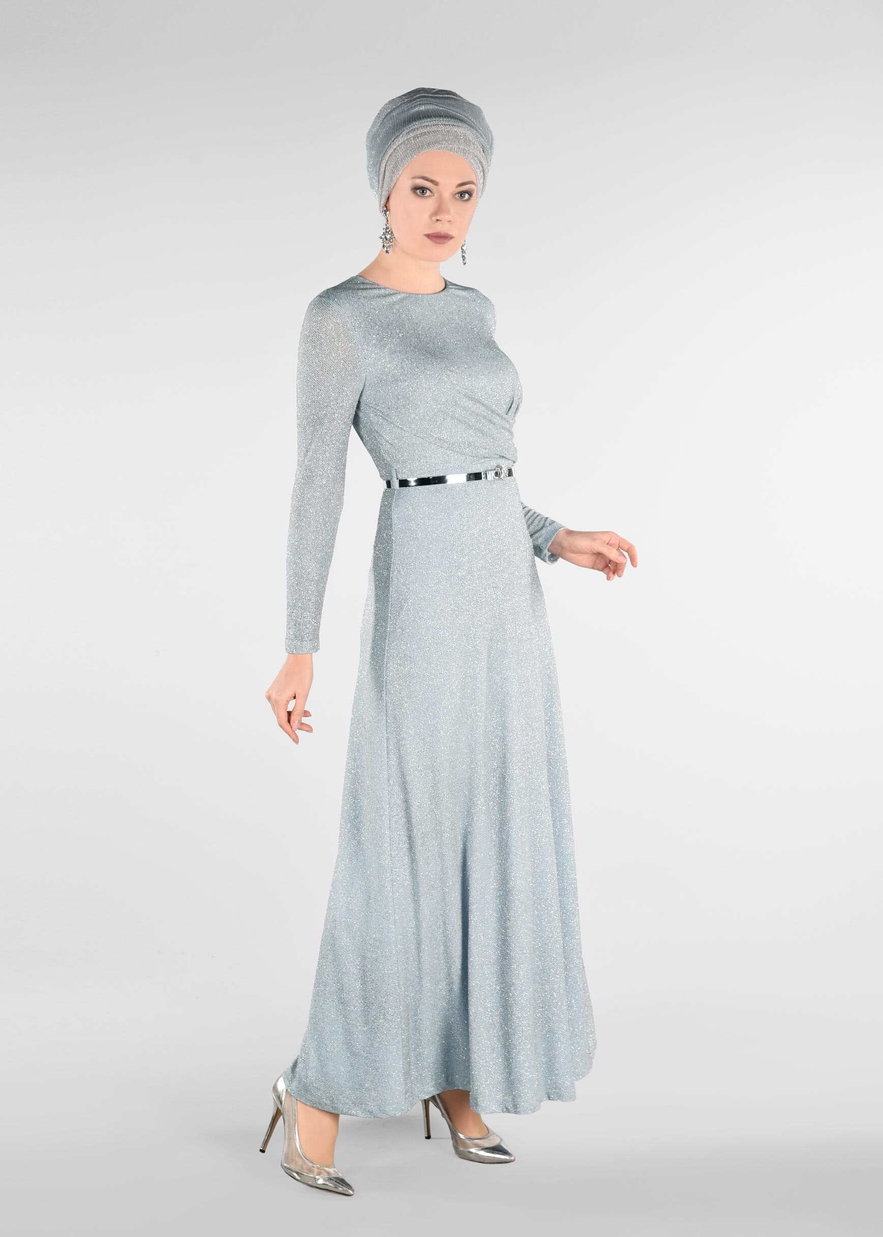 Tesettür giyim MAVİ SİMLİ KUMAŞTAN ABİYE ELBİSE 5473 