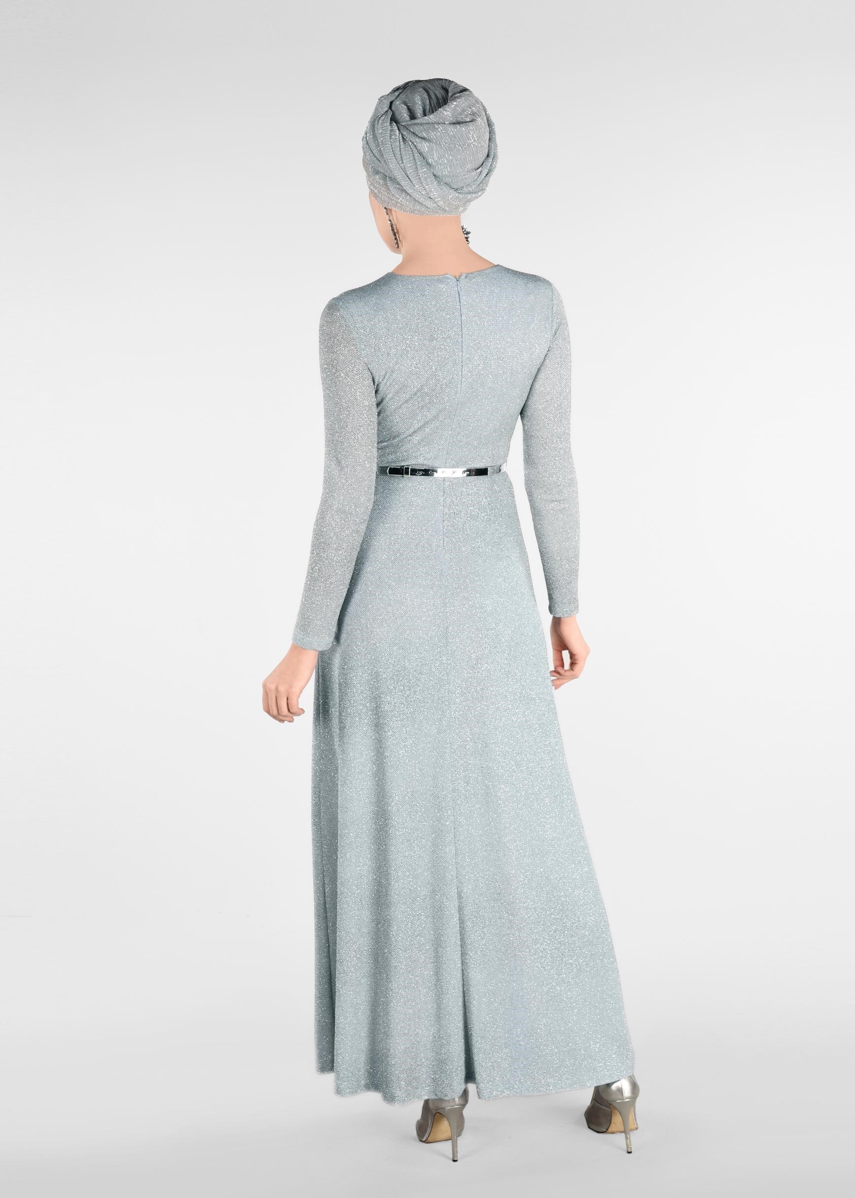 Tesettür giyim MAVİ SİMLİ KUMAŞTAN ABİYE ELBİSE 5473 